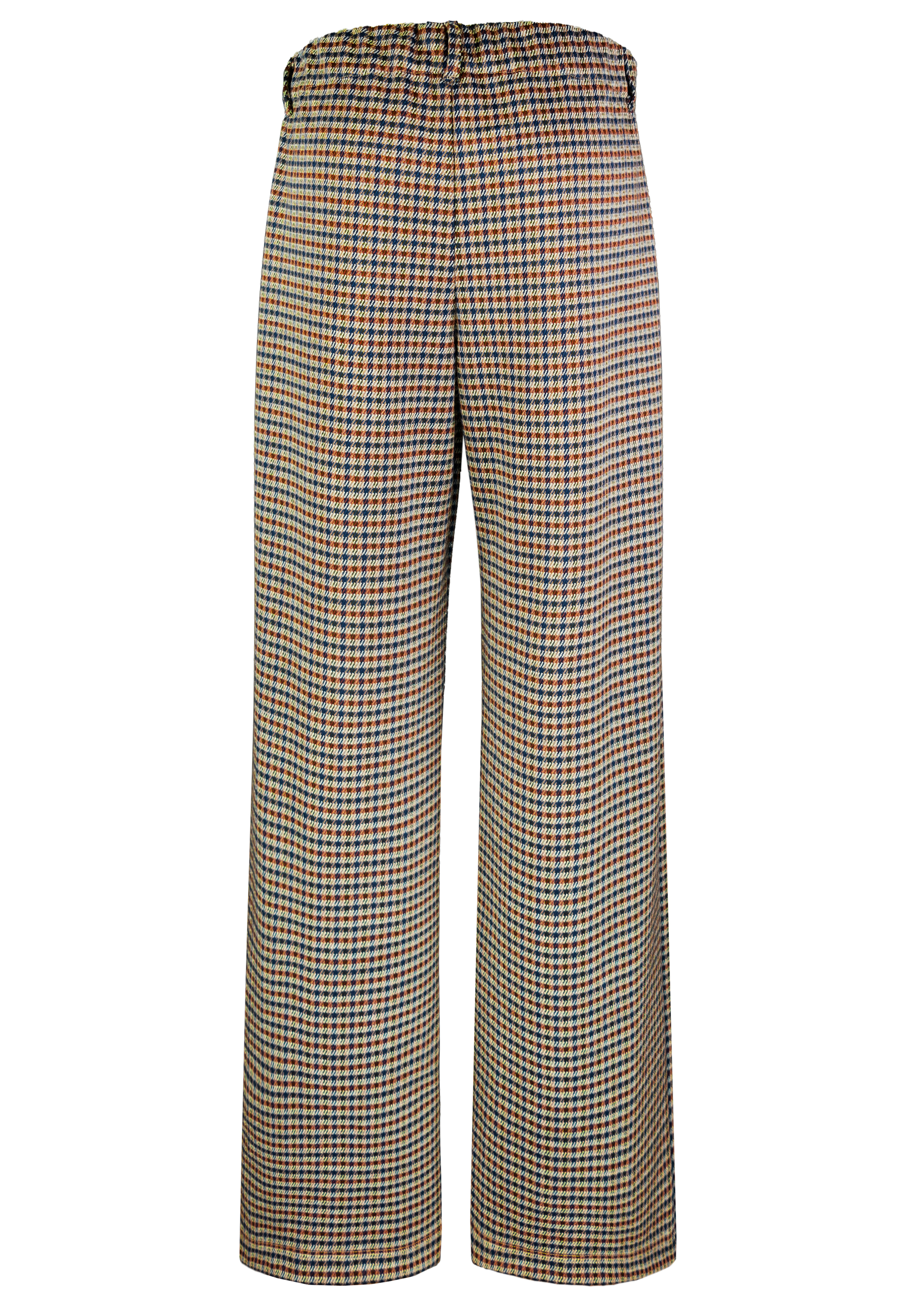 Hose mit weitem Bein und hoher Taille in einem braunen, blauen und beigen Hahnentritt-Karomuster. Die Hose wird von vorne gezeigt und hat einen sichtbaren Bund und Gürtelschlaufen.