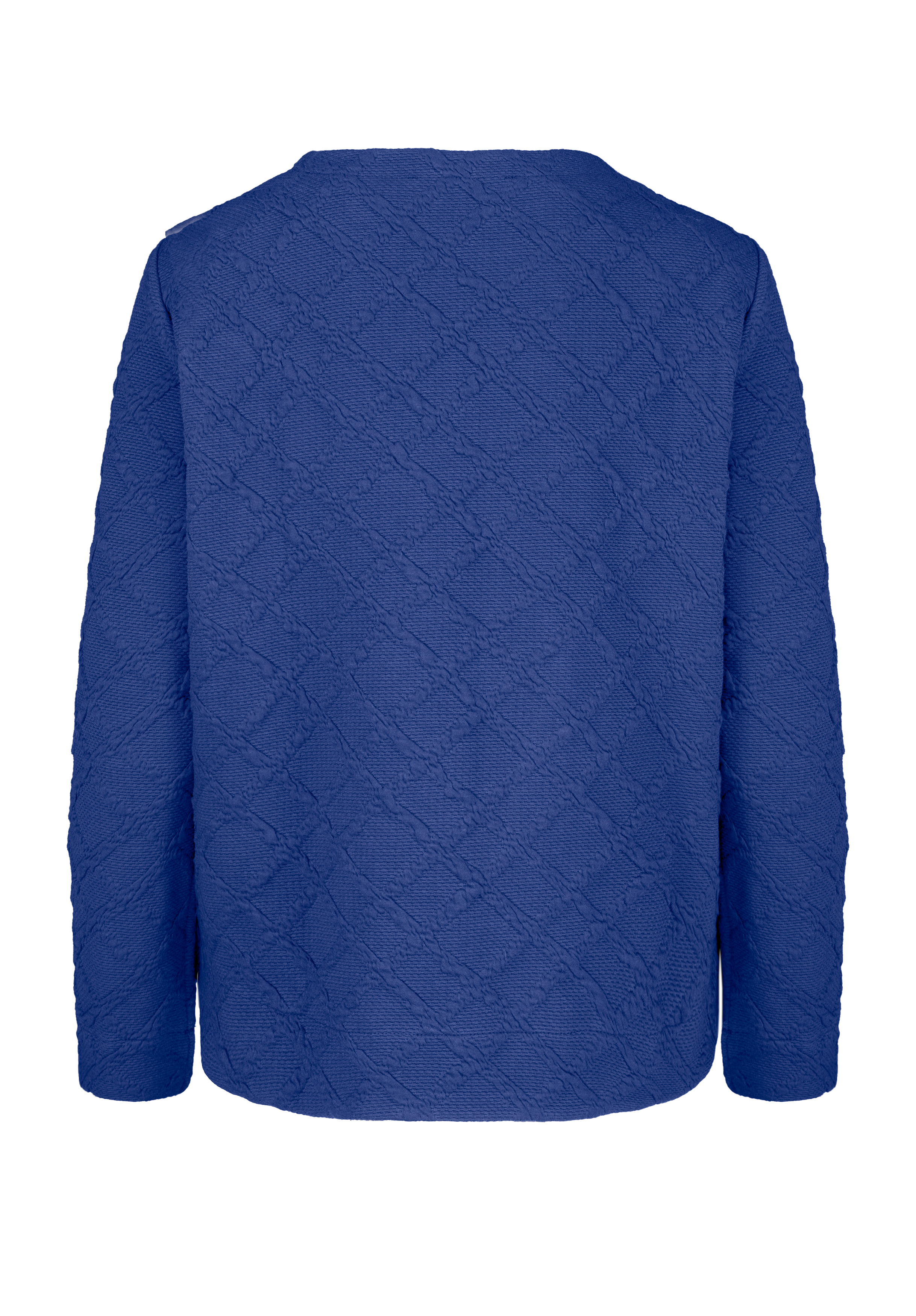 Ein langärmeliger, strukturierter königsblauer Pullover mit dezentem Rautenmuster, von hinten gesehen.