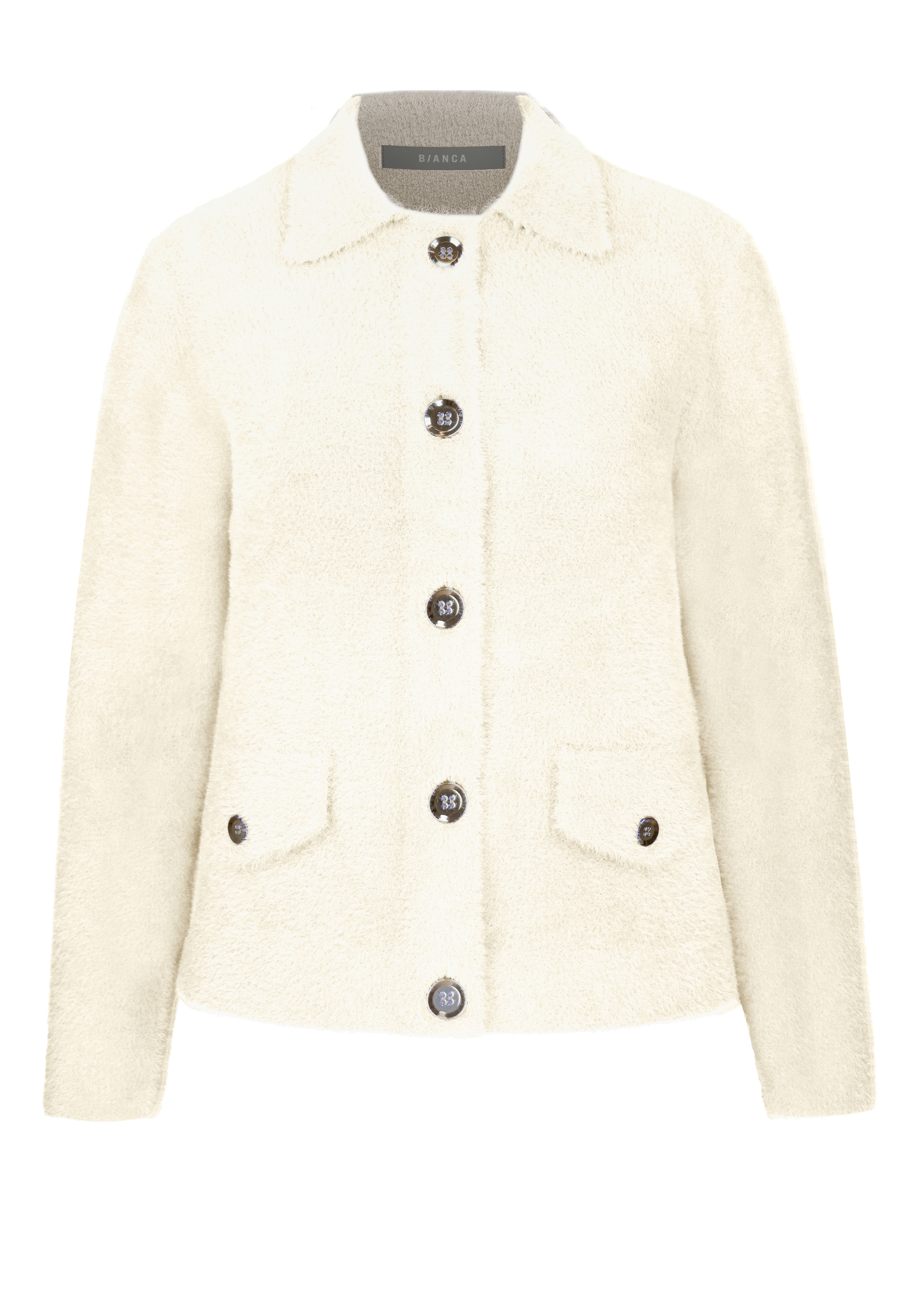 Eine cremefarbene Sherpa-Jacke mit langen Ärmeln, Kragen, Knopfleiste vorne und zwei Vordertaschen.