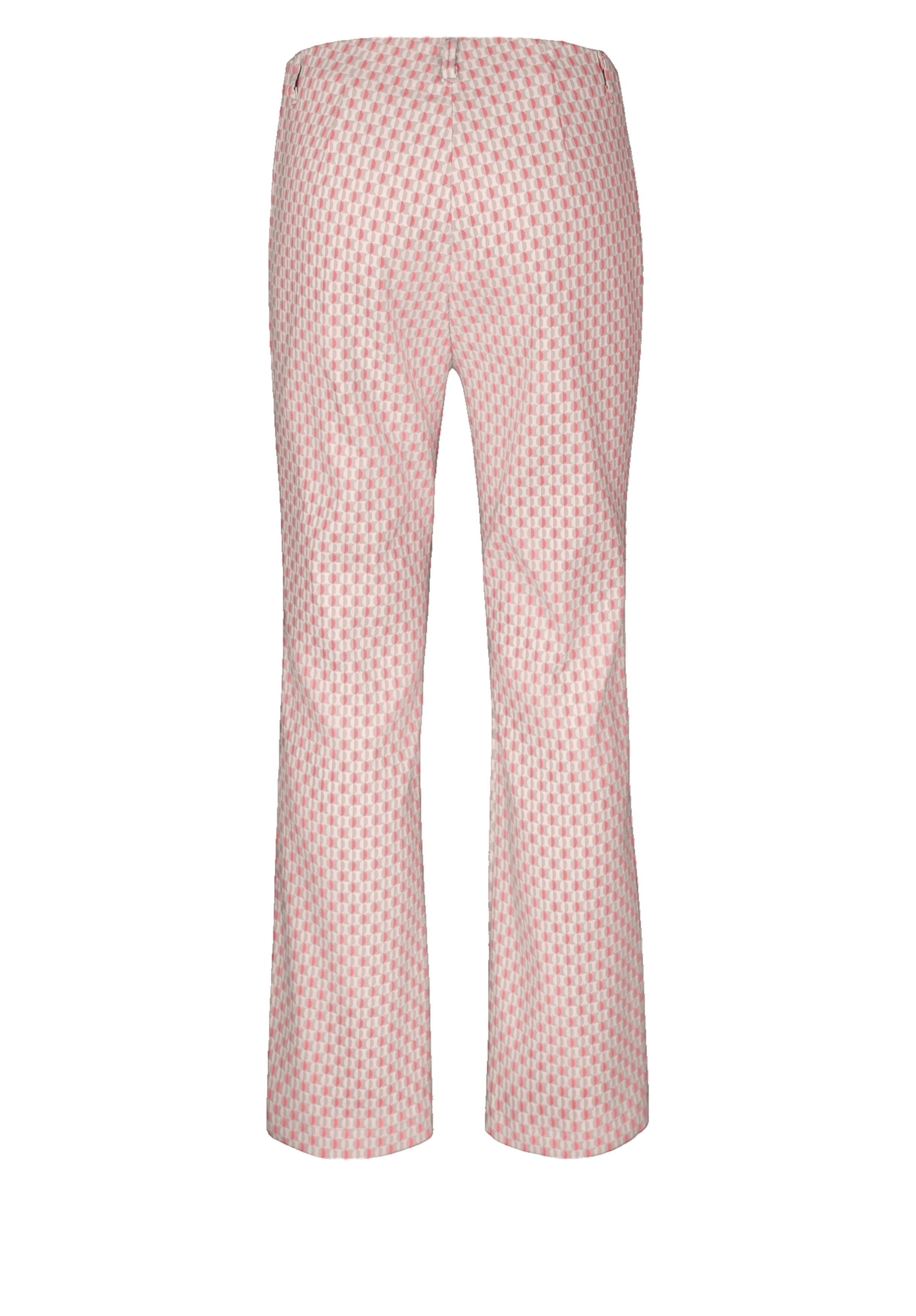 Rückansicht einer Hose mit geradem Bein und einem kleinen rosa-weißen Karomuster. Die Hose hat eine taillierte Taille und keine sichtbaren Taschen oder Verzierungen.