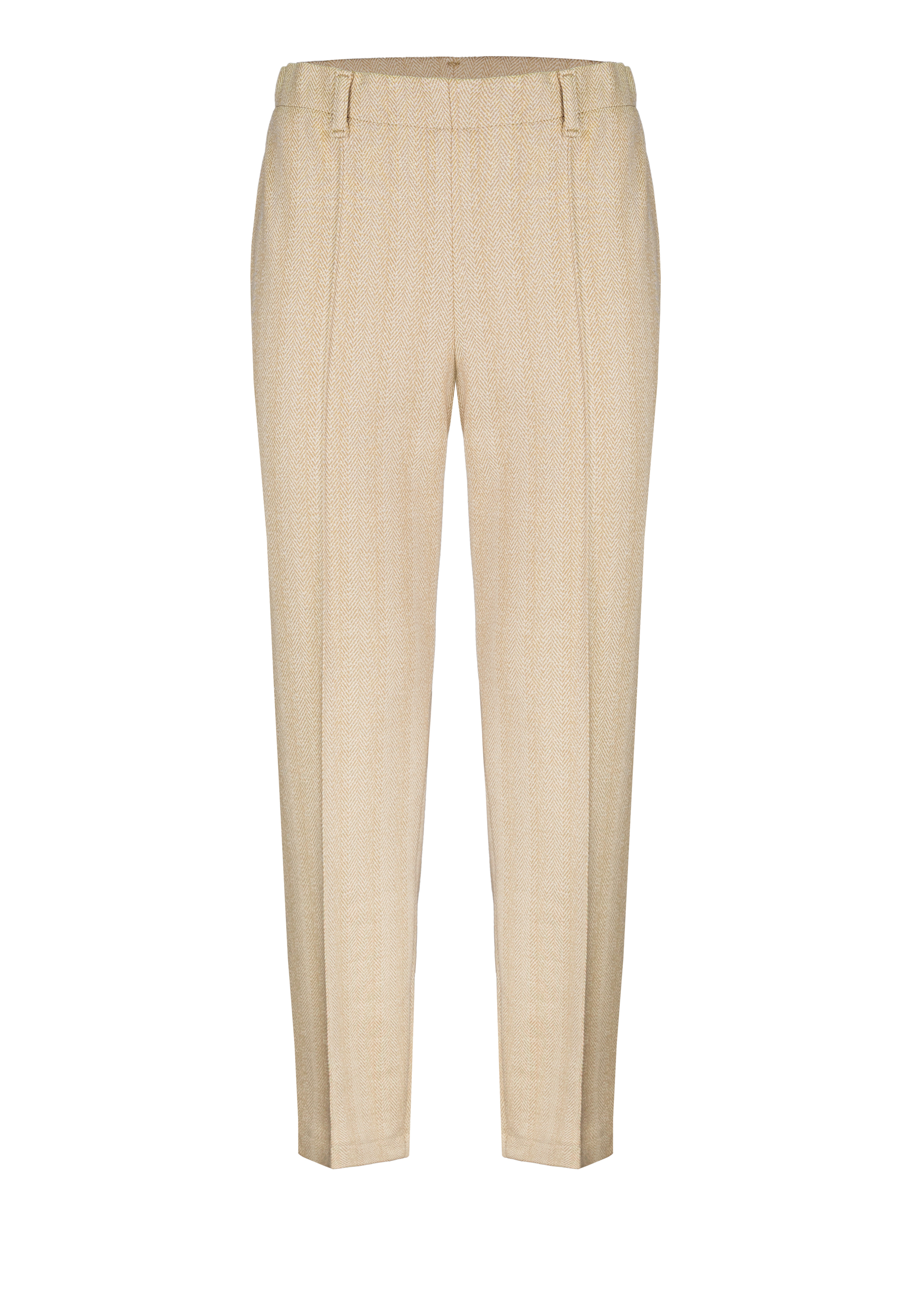 Beigefarbene, maßgeschneiderte Hose mit Gürtelschlaufen, Bügelfalten vorne und geradem Beinschnitt vor weißem Hintergrund.