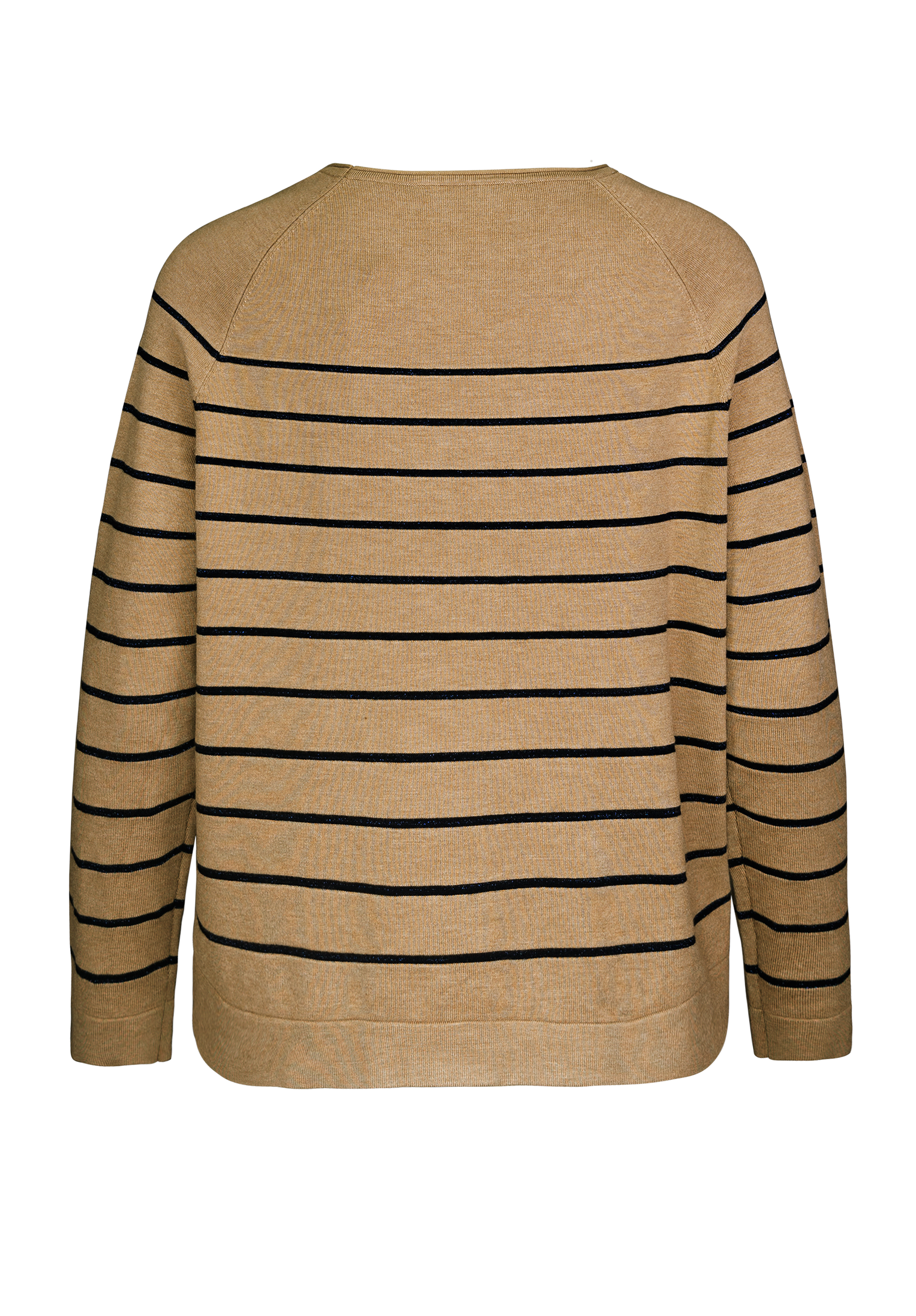 Hellbrauner langärmeliger Pullover mit dünnen schwarzen Querstreifen, von hinten gesehen. Der Pullover hat eine lockere Passform und einen einfachen Rundhalsausschnitt.
