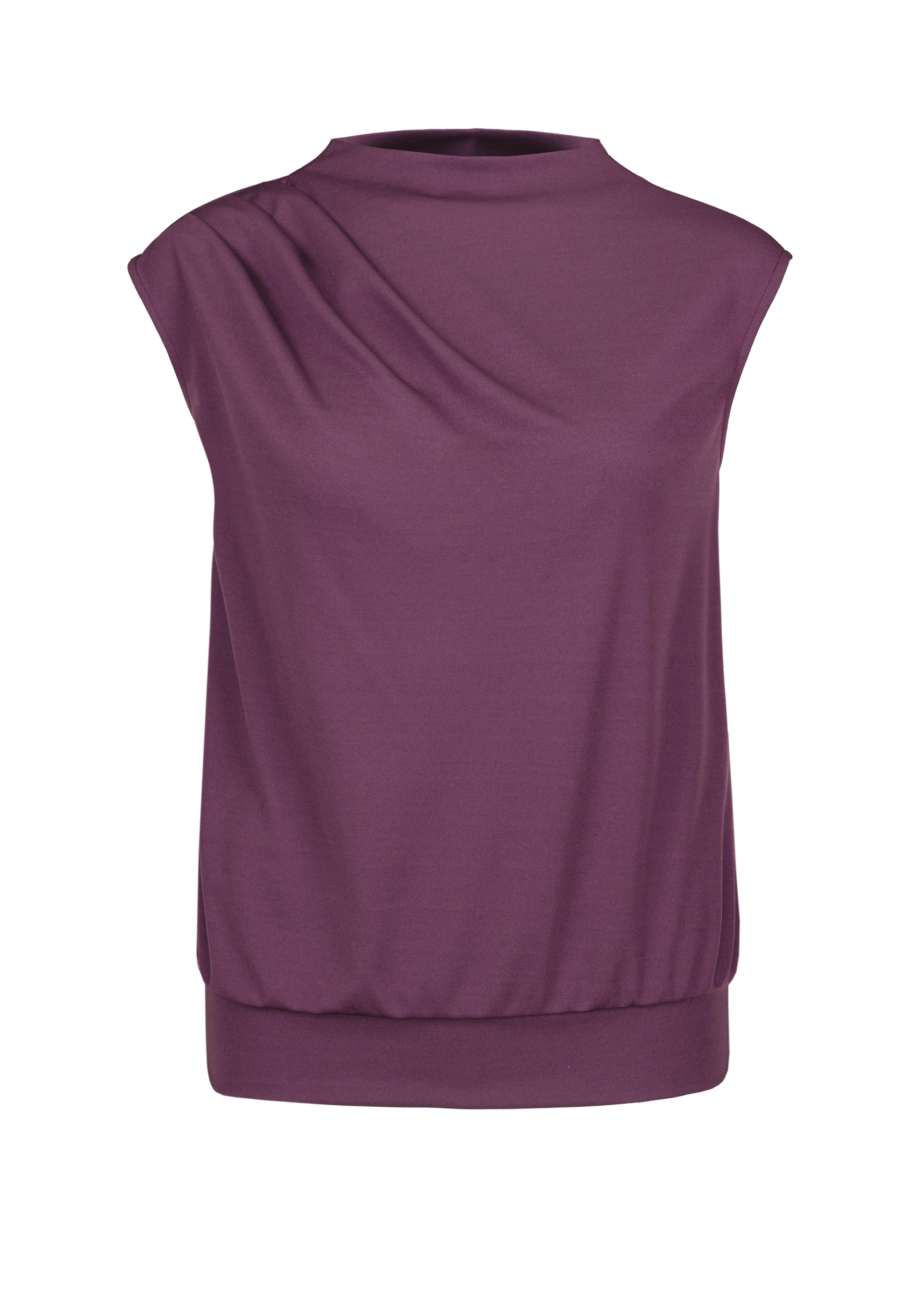 Ein ärmelloses, dunkelviolettes Damenoberteil mit hohem Halsausschnitt, weichem Faltenwurf an einer Seite und einem breiten, taillierten Saum am unteren Ende. Der Stoff wirkt glatt und leicht dehnbar.
