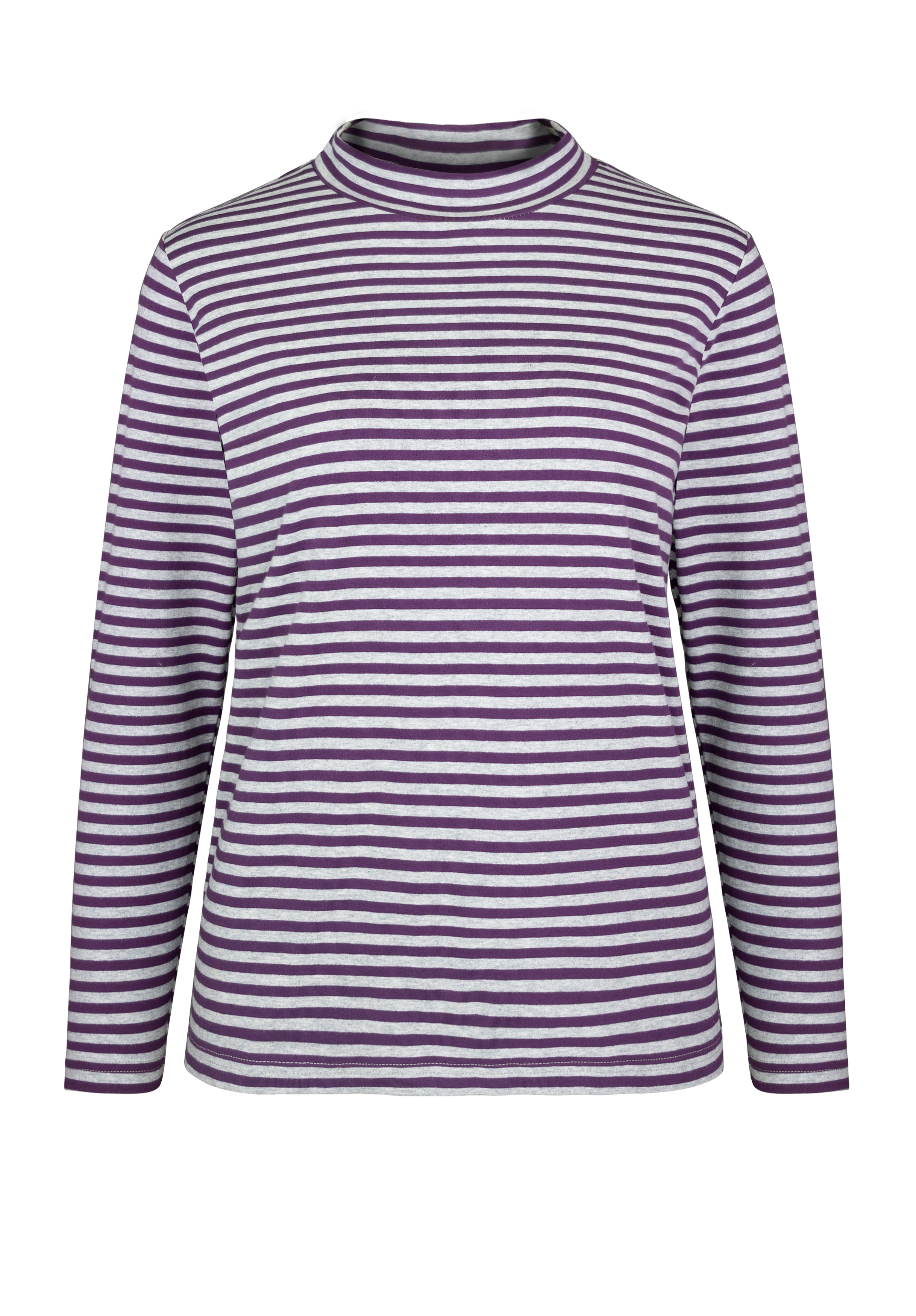 Ein langärmeliges Hemd mit horizontalen violetten und weißen Streifen und einem Rollkragen auf weißem Grund.