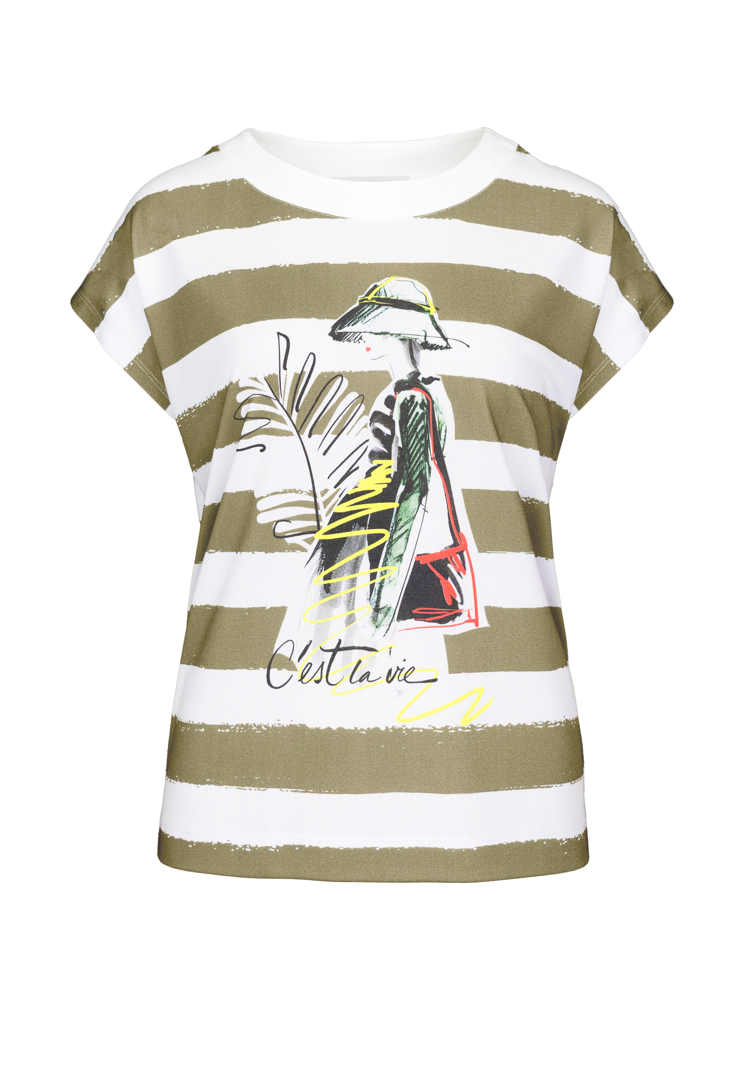 Kurzärmliges T-Shirt mit olivgrünen und weißen Querstreifen, mit der Abbildung einer Frau mit Hut und Tasche, einem großen Blatt und dem Text „Cest la vie“ auf der Vorderseite.