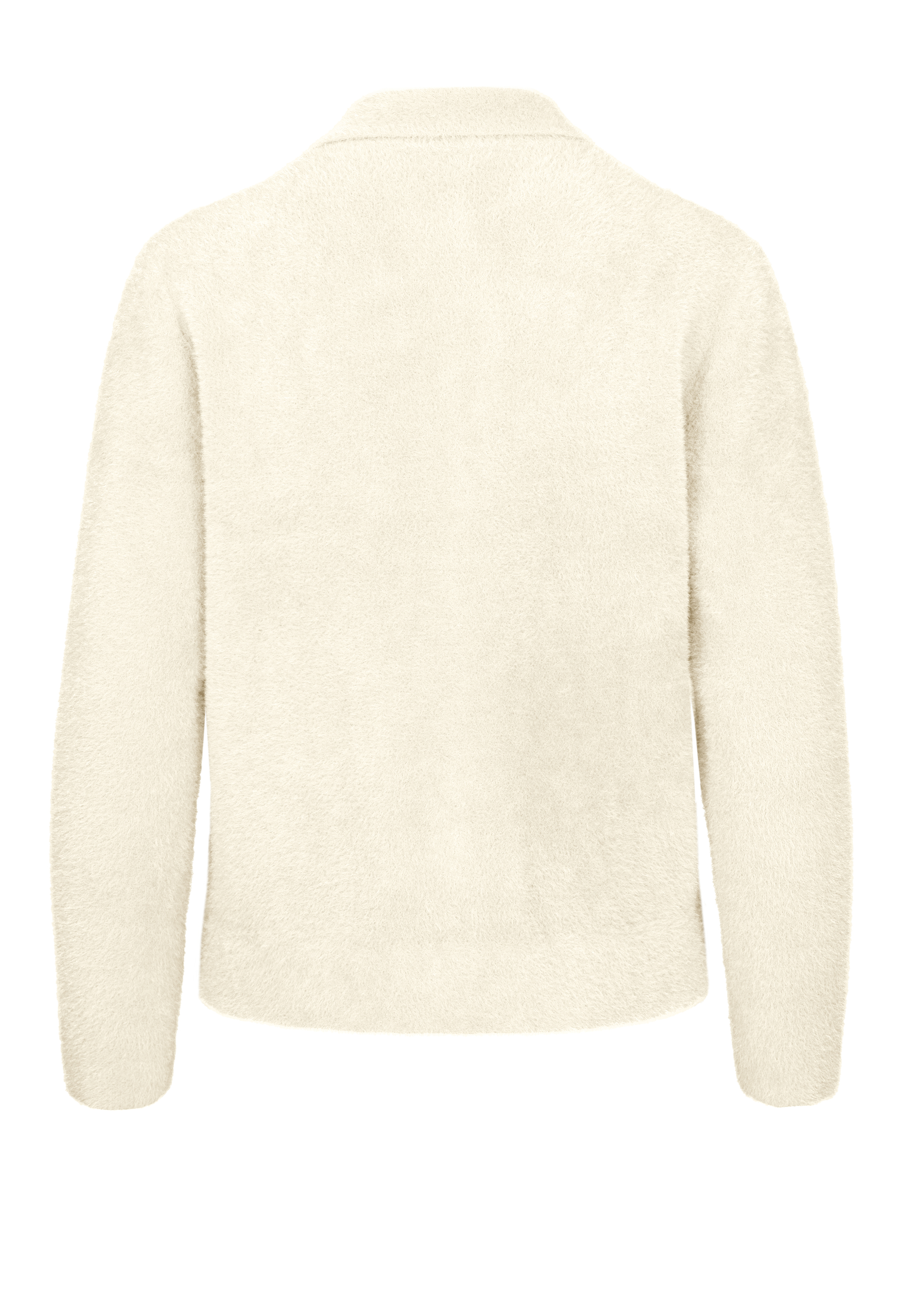 Rückansicht einer cremefarbenen, flauschigen Sherpa-Jacke mit langen Ärmeln und Kragen. Die Jacke hat eine weiche, strukturierte Optik und eine lockere Passform.