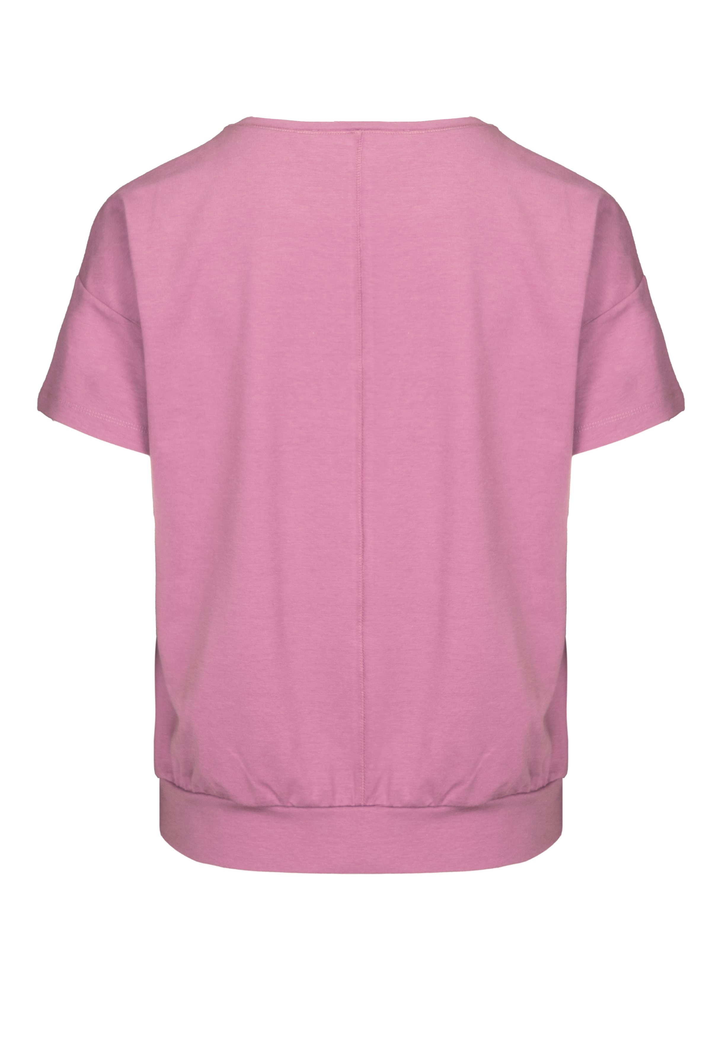 Rückenansicht eines kurzärmeligen, hellrosa T-Shirts mit geradem Saum und lockerer Passform, dargestellt vor einem weißen Hintergrund.