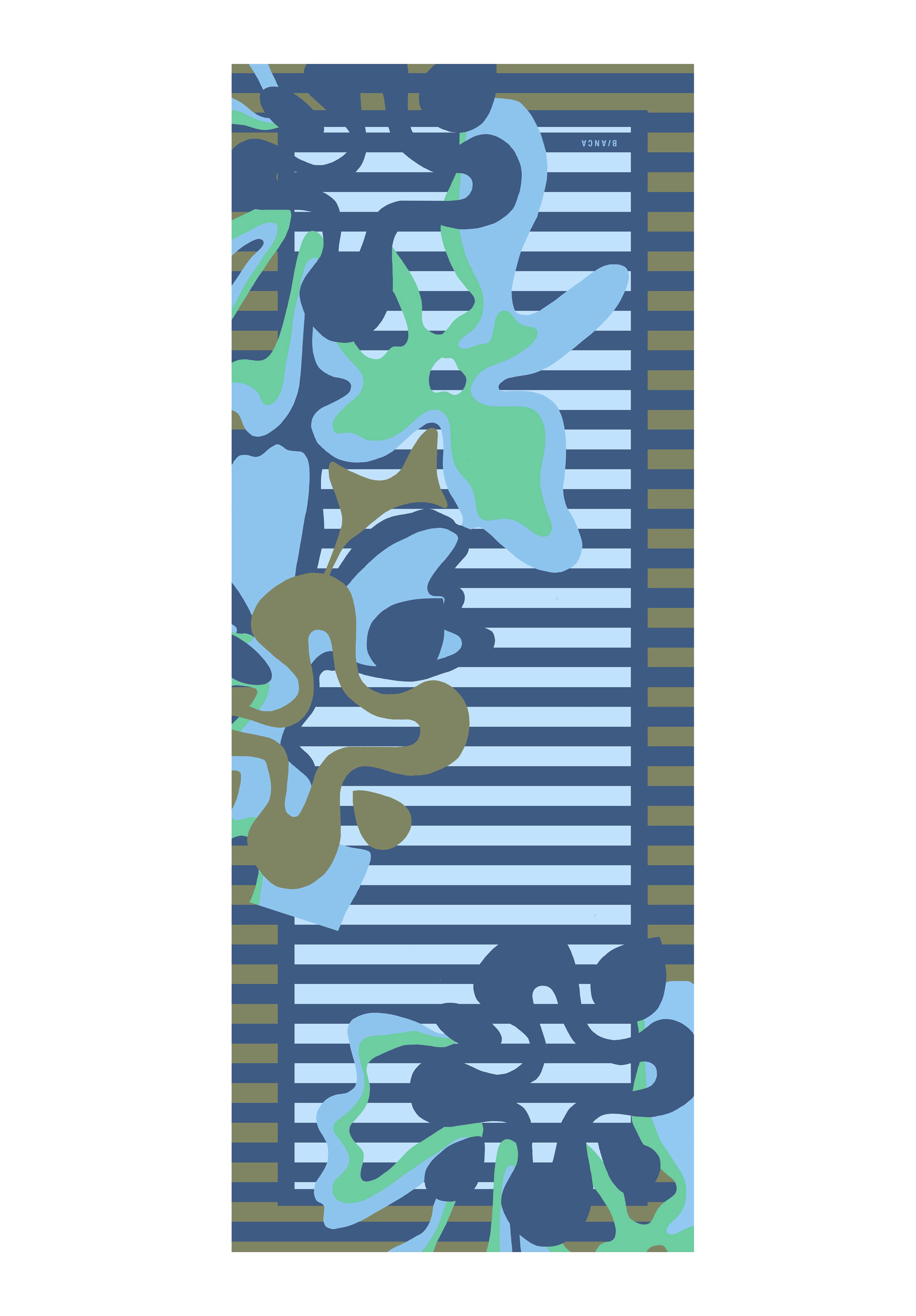 Abstraktes Blumenmuster in Blau-, Grün- und Olivtönen auf einem Hintergrund aus horizontalen blauen und grauen Streifen. Das Design erscheint auf einer rechteckigen Oberfläche und ähnelt einem Handtuch oder Textil.