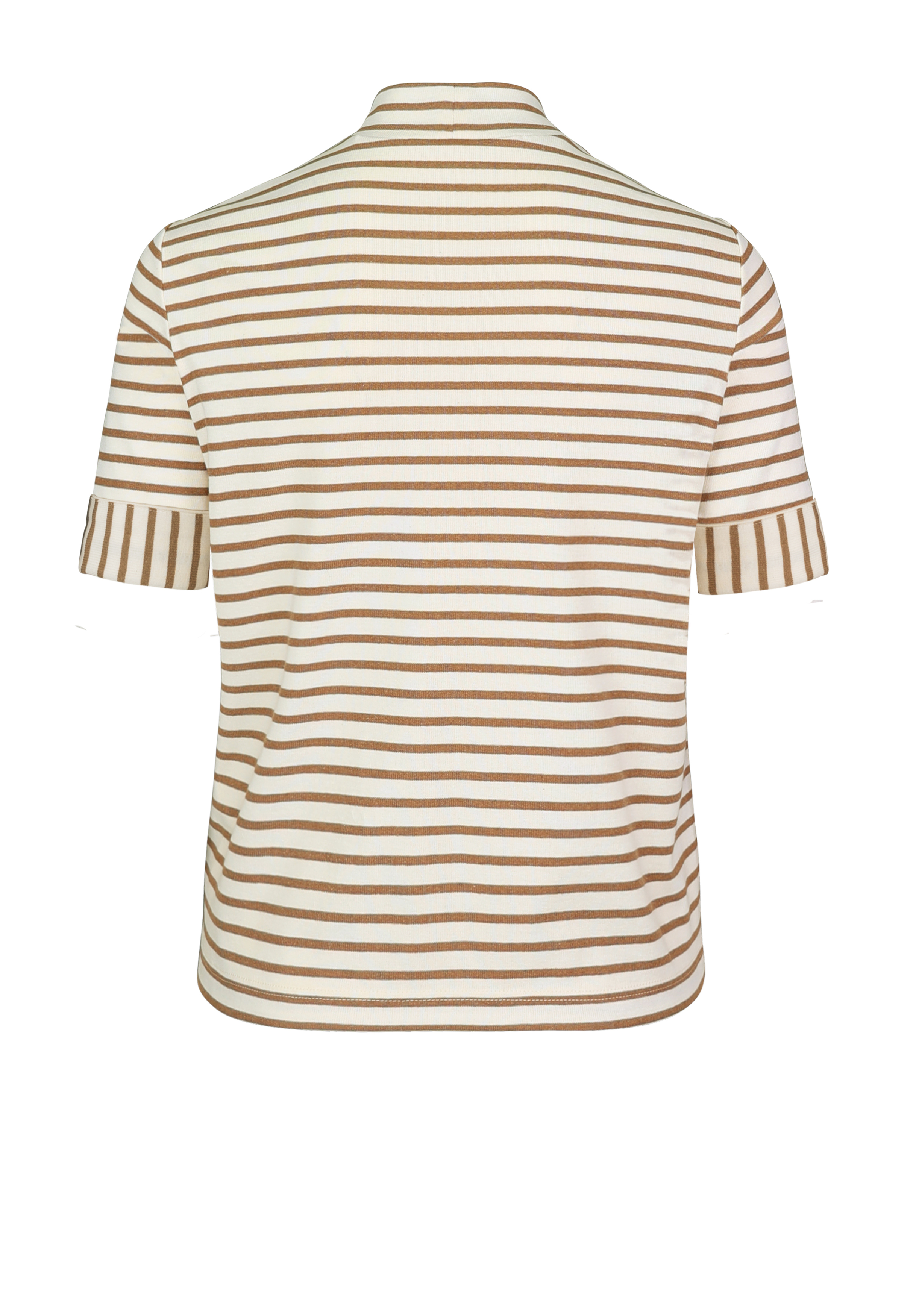 Rückenansicht eines kurzärmeligen Hemdes mit horizontalen braunen und weißen Streifen auf weißem Hintergrund.