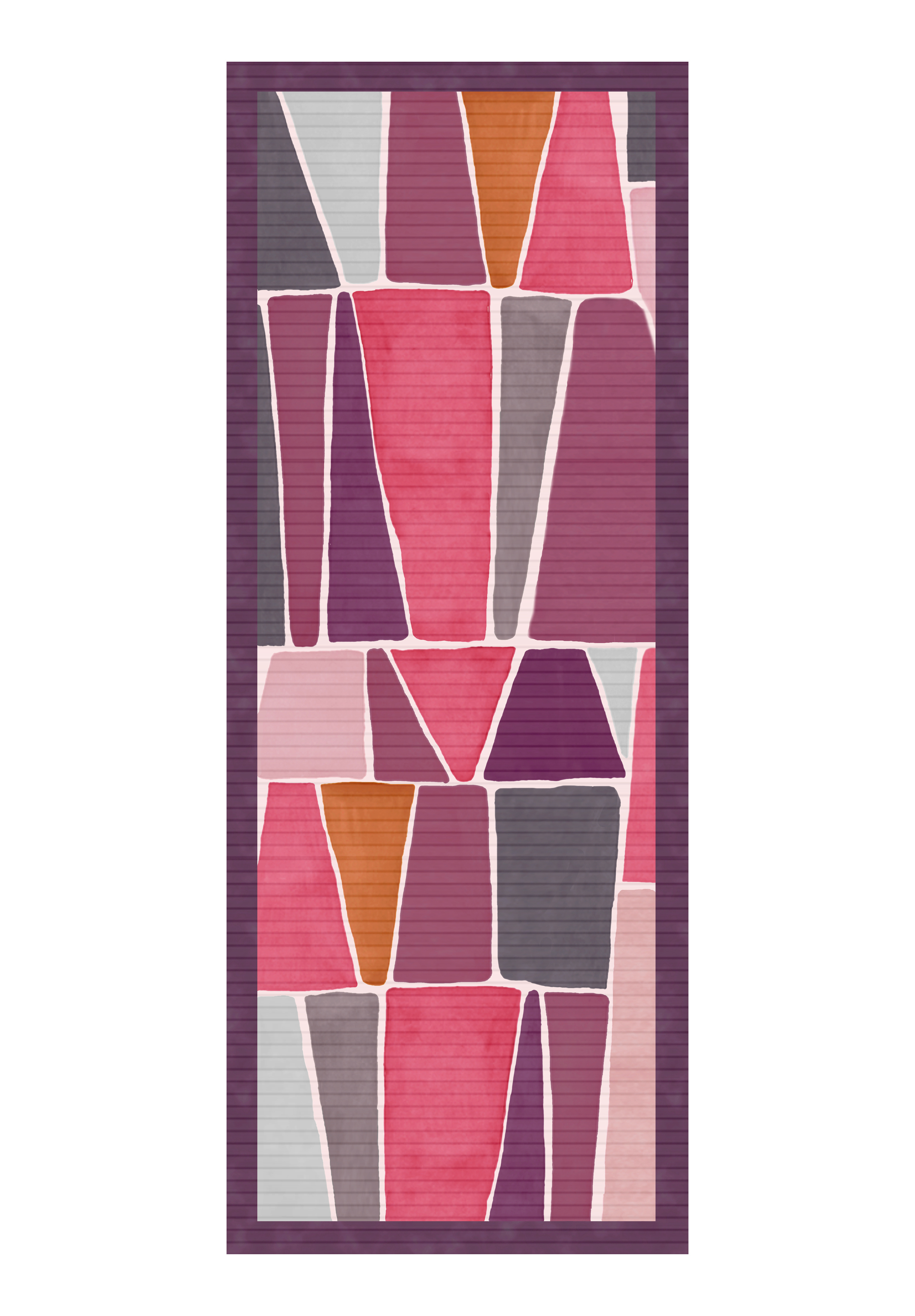 Abstraktes rechteckiges Kunstwerk mit unregelmäßigen geometrischen Formen in Rosa-, Rot-, Orange-, Violett- und Grautönen, weiß umrandet, mit einem dunkelviolett gestreiften Rand.