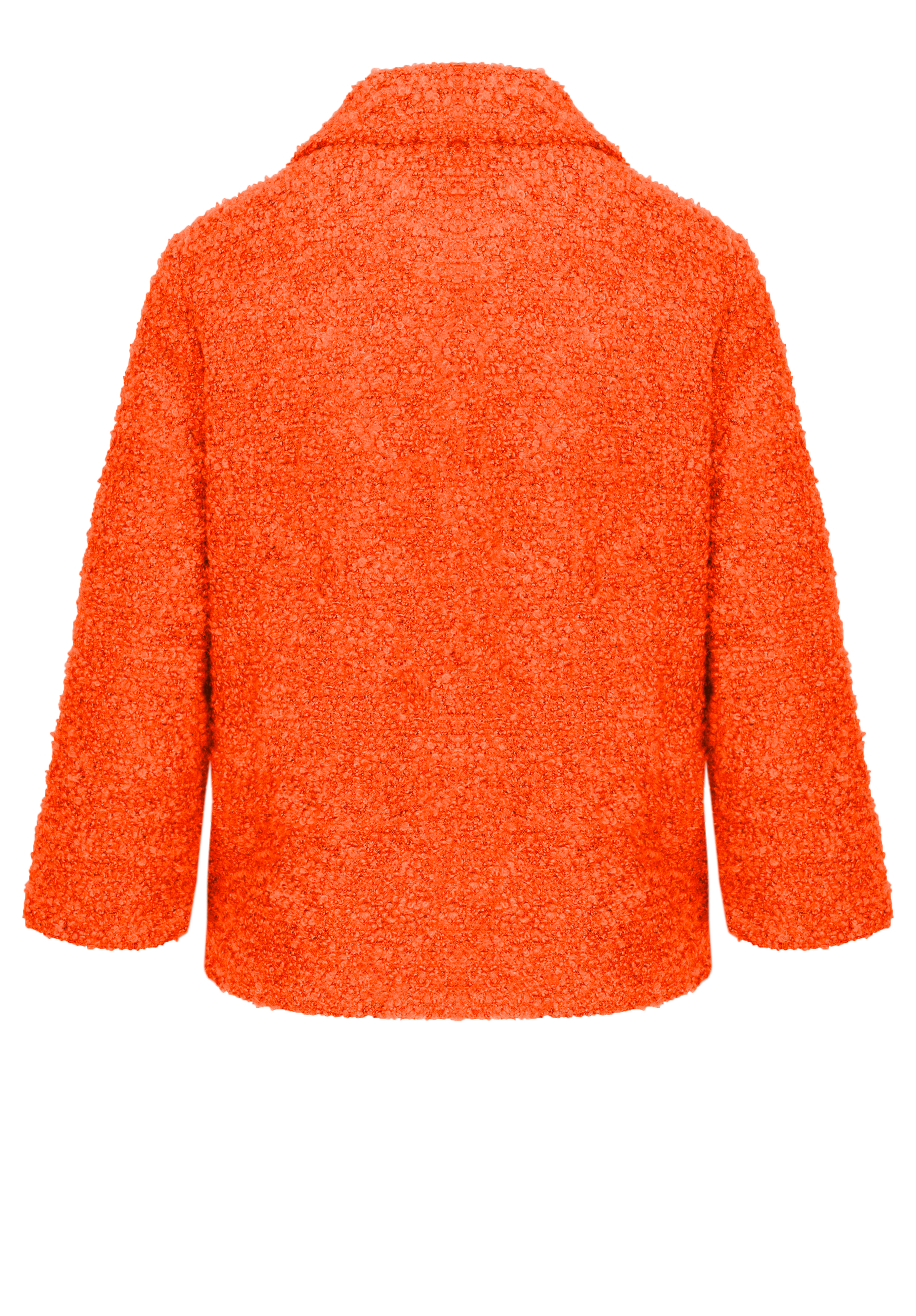 Leuchtend orangefarbene, strukturierte Jacke mit langen Ärmeln, breitem Kragen und kastenförmiger, verkürzter Passform, von hinten auf weißem Hintergrund.