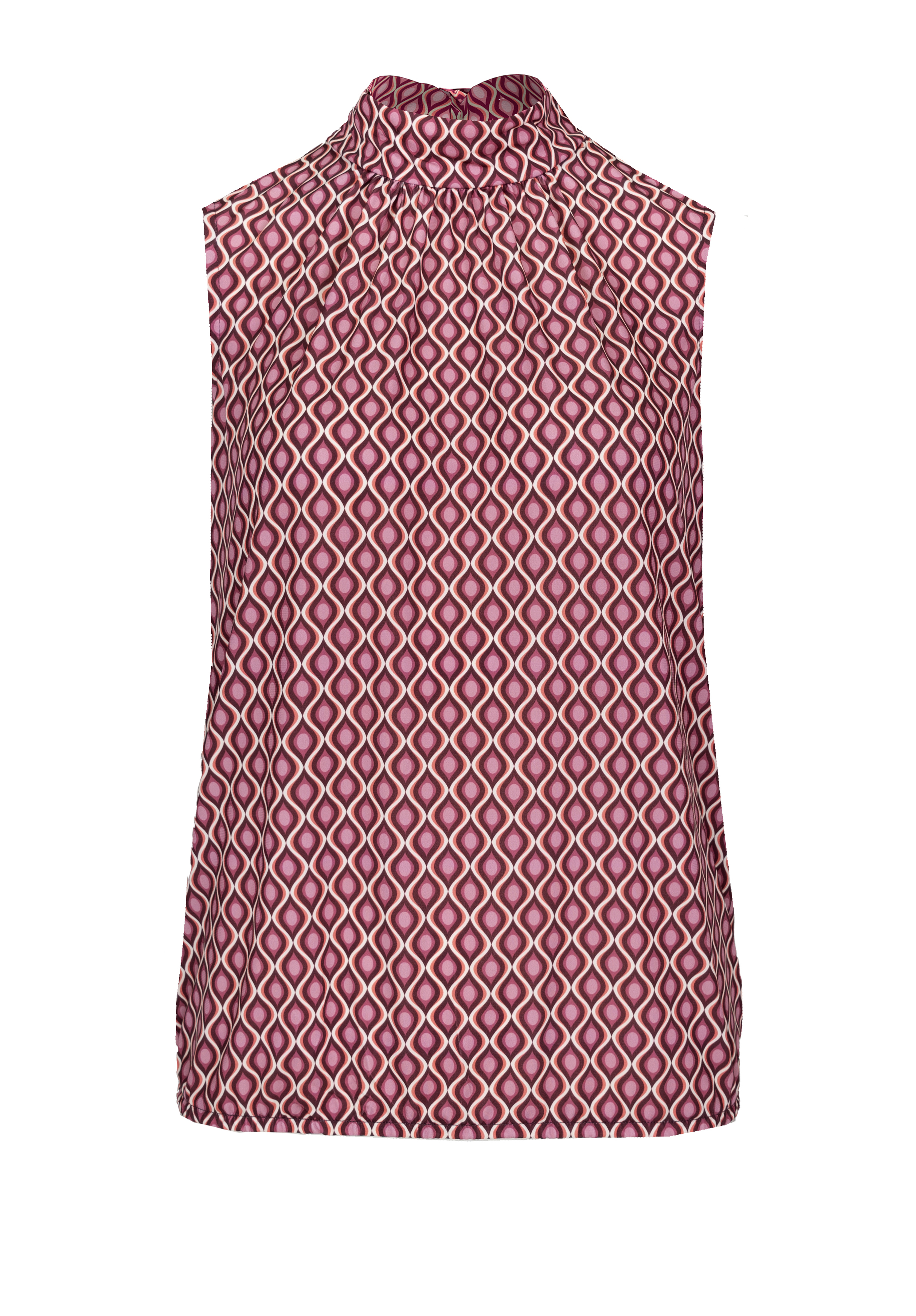 Ärmellose Bluse mit hohem Ausschnitt, durchgehend mit einem geometrischen Rautenmuster in Rosa und Kastanienbraun. Der Stoff wirkt leicht und fließend.