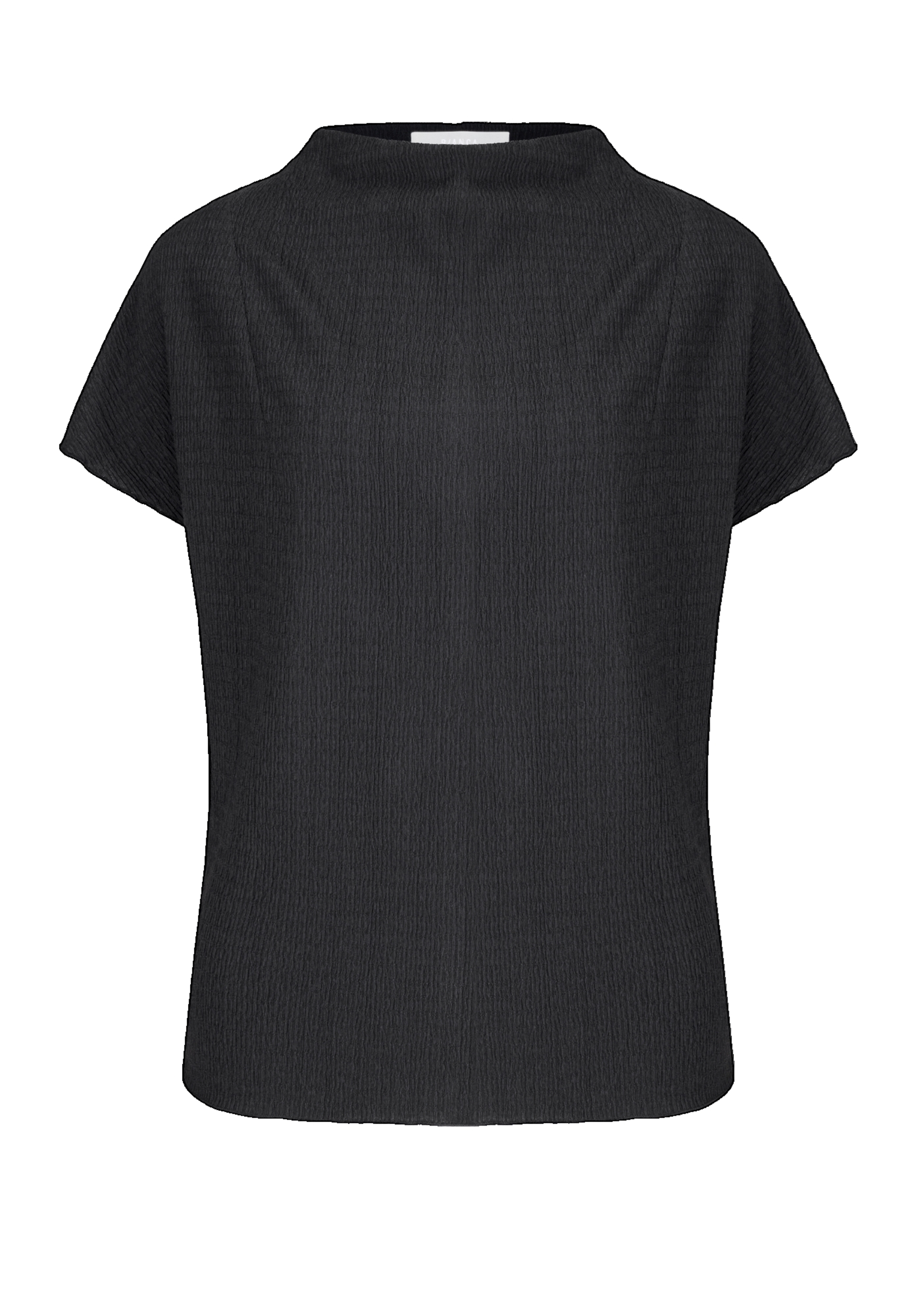 Vorderansicht einer schlichten, kurzärmeligen schwarzen Bluse mit lockerer Passform und dezentem Strukturmuster. Die Bluse hat einen hohen, runden Ausschnitt und keine sichtbaren Verzierungen oder Knöpfe.