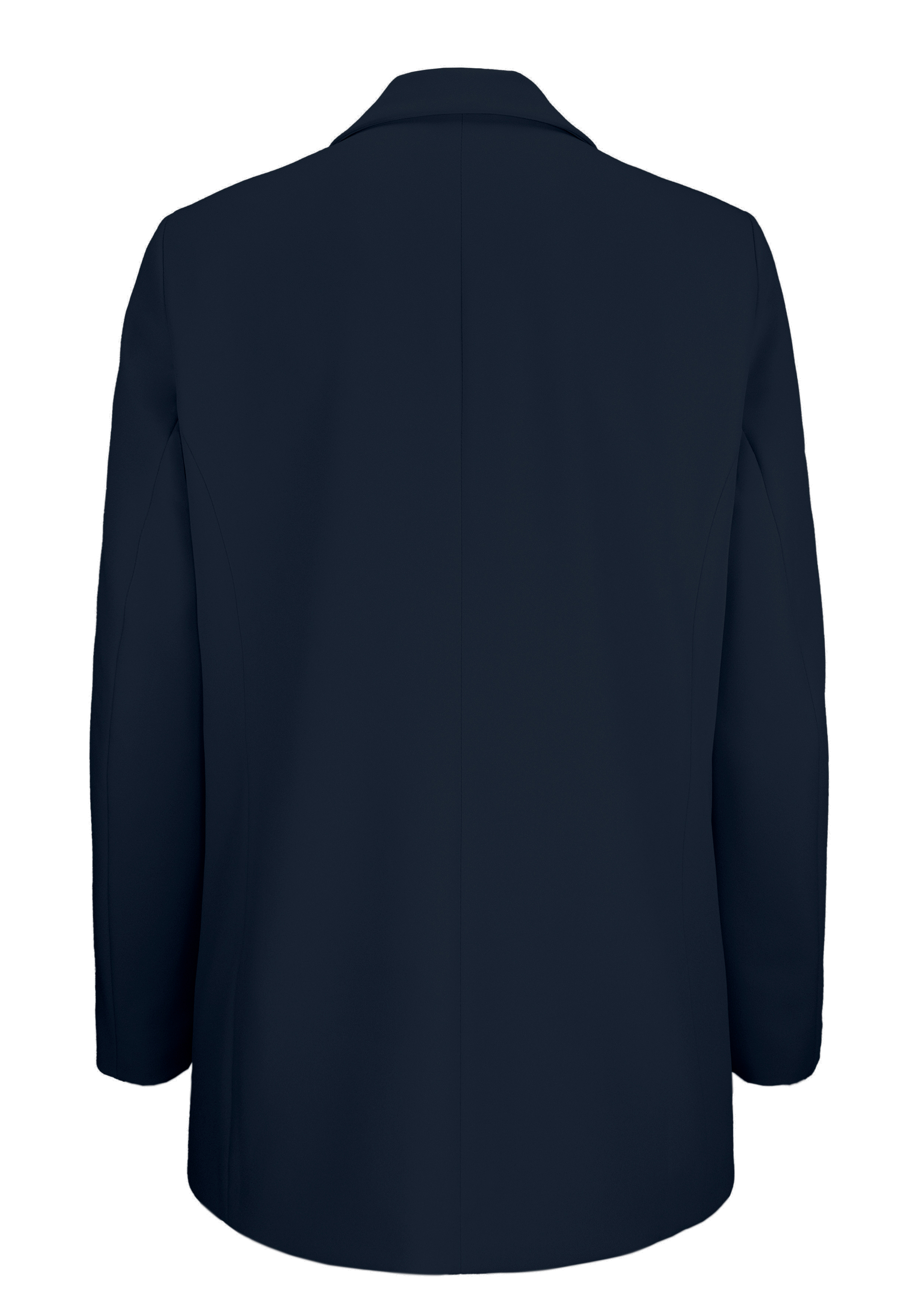Rückenansicht eines einfarbigen, dunkelmarineblauen Blazers mit langen Ärmeln und gekerbtem Kragen, dargestellt vor einem weißen Hintergrund.