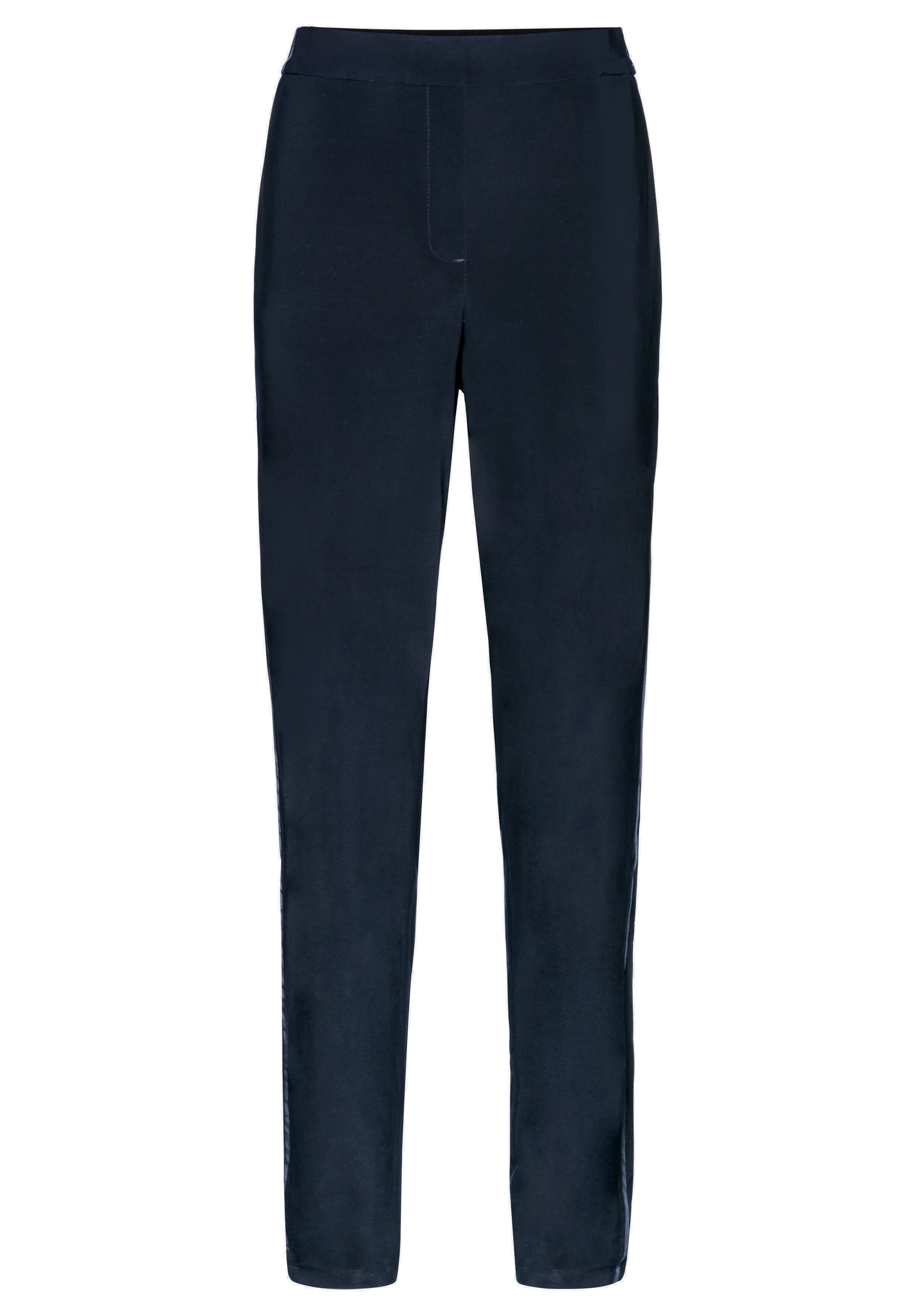 Eine dunkelblaue Hose mit geradem Bein und flacher Vorderseite, ohne sichtbare Taschen oder Verzierungen, auf weißem Hintergrund.