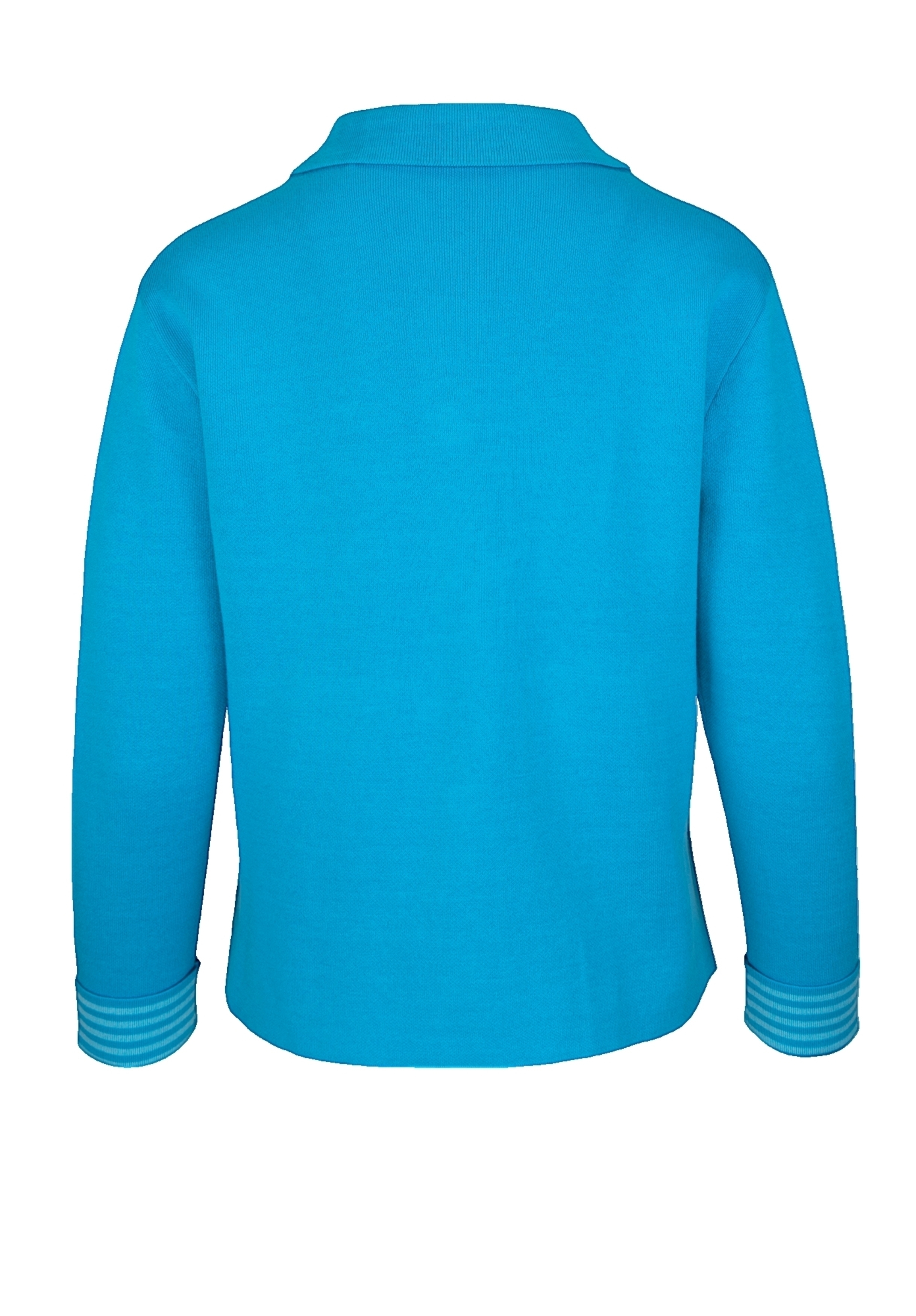 Ein leuchtend blaues Langarmhemd von hinten, mit Kragen und Manschetten mit hellblauen und weißen Querstreifen. Das Hemd ist auf einem schlichten weißen Hintergrund abgebildet.
