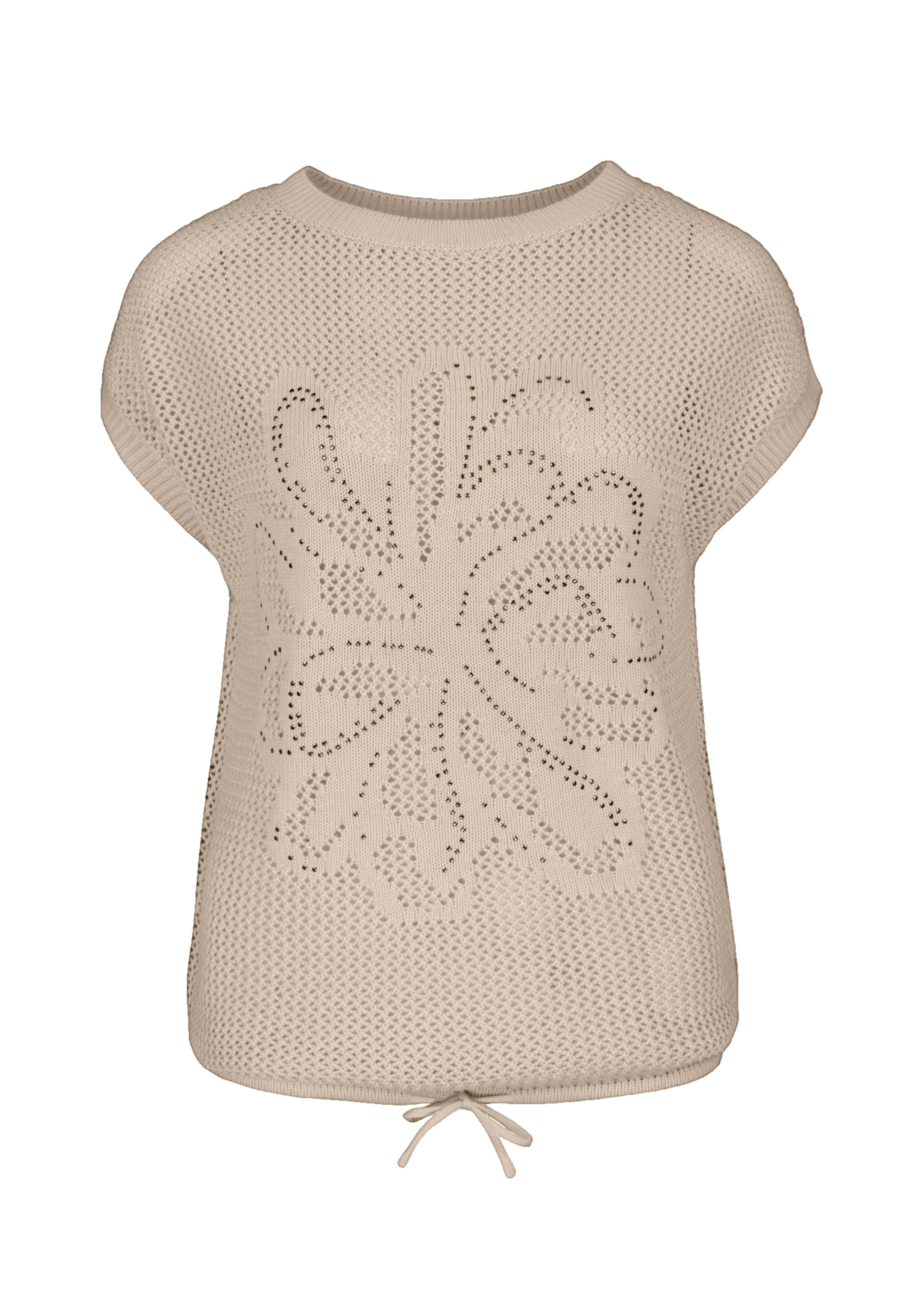Beiges kurzärmliges Häkelstricktop mit großem Blumenmuster auf der Vorderseite und Kordelzugdetail am Saum.