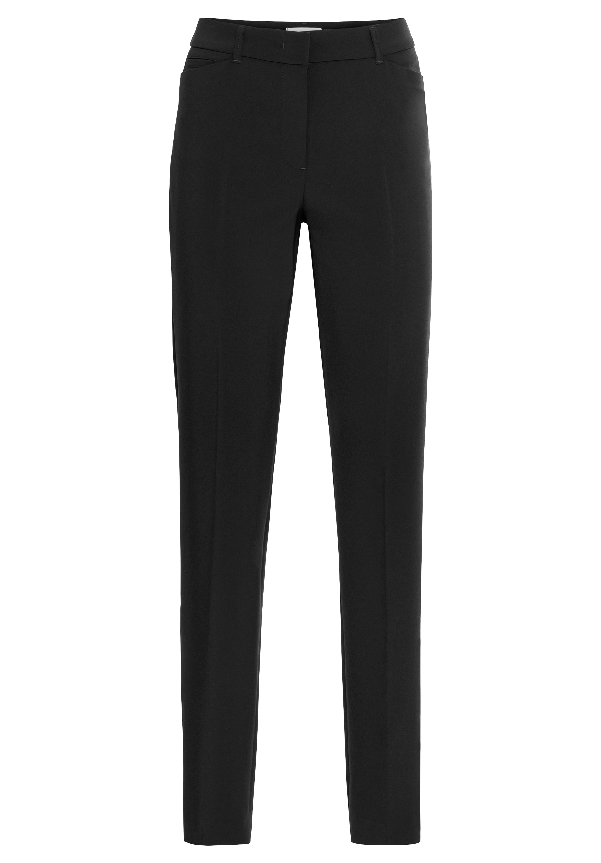 Anzughose LONDON Schwarze maßgeschneiderte Damenhose mit schmalem, geradem Bein, Reißverschluss vorne, Gürtelschlaufen und dezenten Seitentaschen auf weißem Hintergrund.