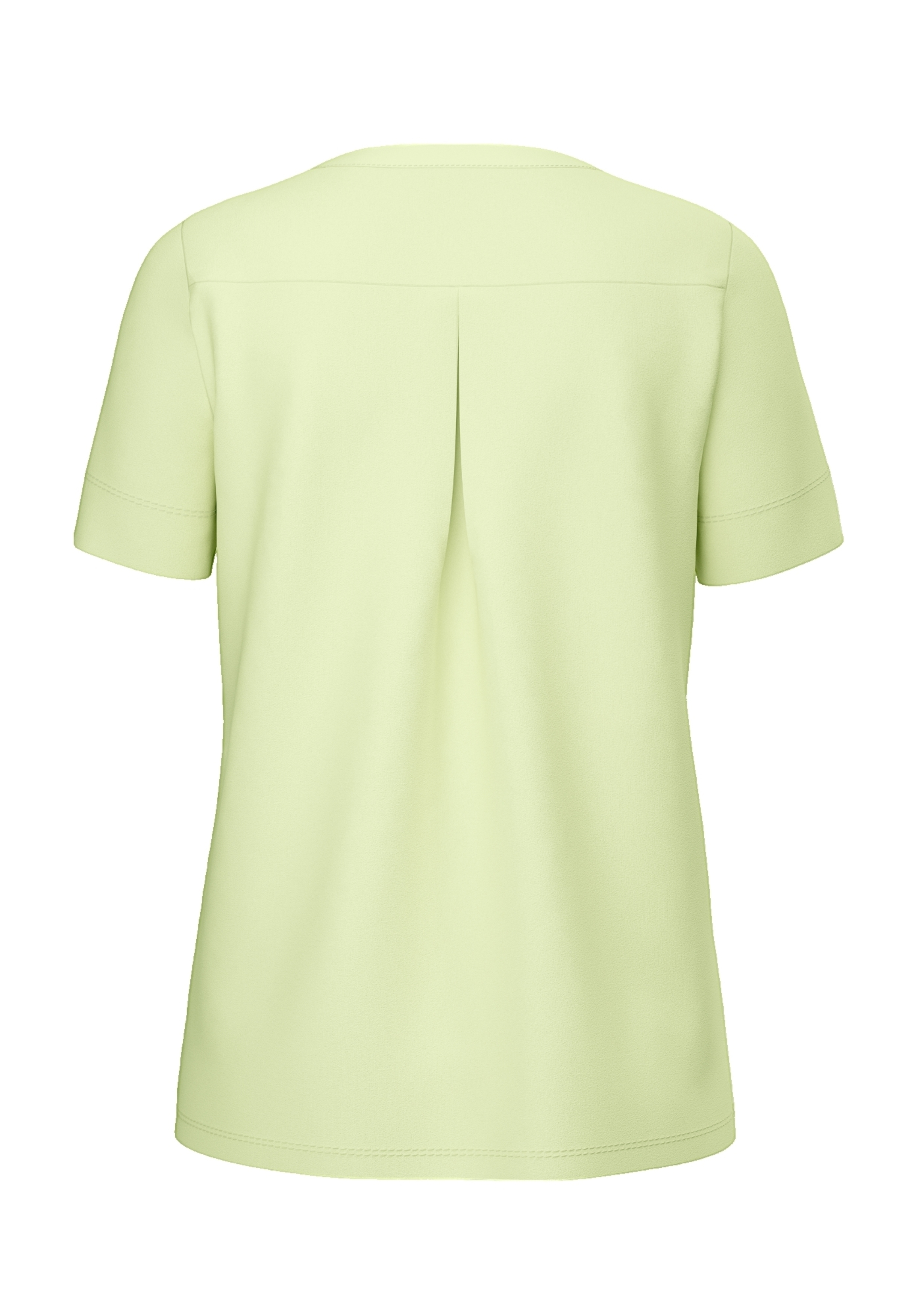 Rückansicht einer hellgrünen Kurzarmbluse mit Mittelfalte und einfachen Nähdetails, dargestellt auf einem schlichten weißen Hintergrund.