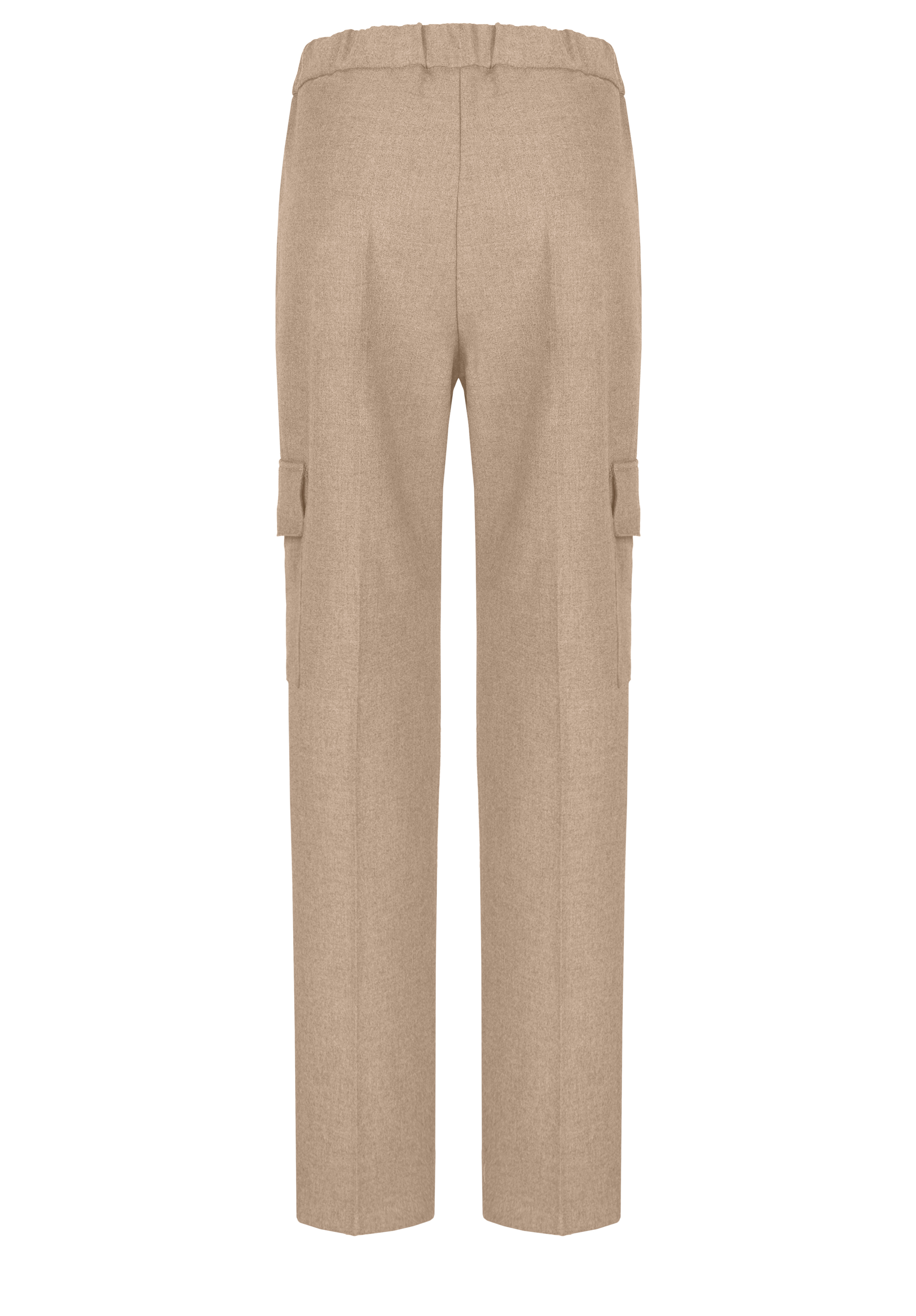 Beige Cargohose mit hoher Taille, geradem Bein, elastischem Bund und seitlichen Pattentaschen, von hinten vor weißem Hintergrund abgebildet.