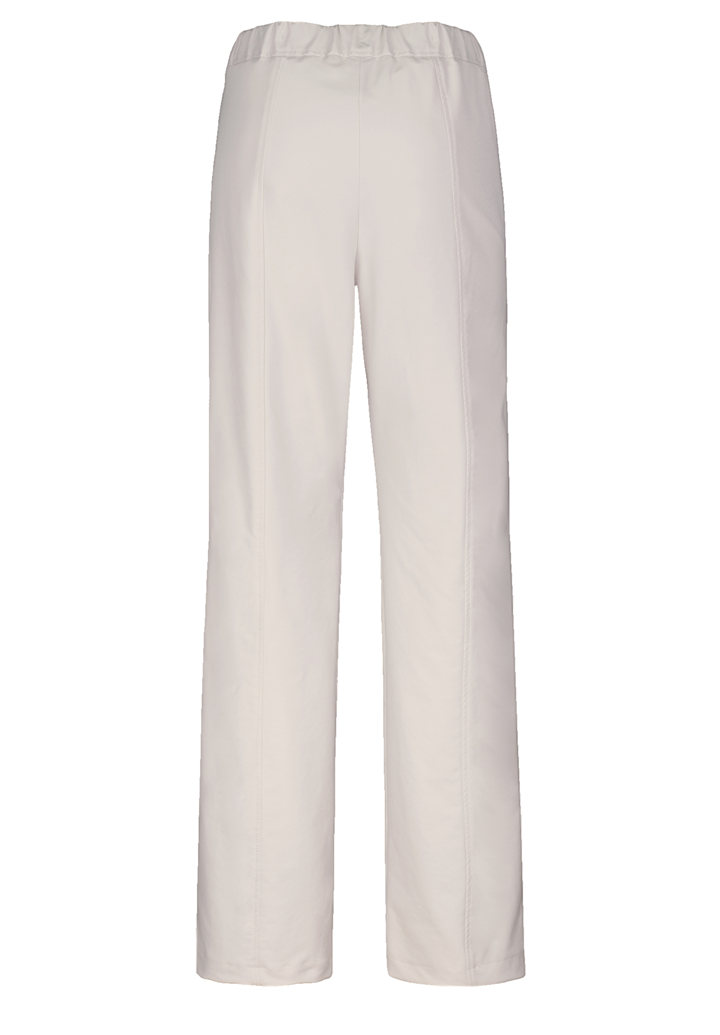 Rückansicht einer schlichten, hellbeigen oder weißen Hose mit elastischem Bund und geradem Bein, dargestellt auf weißem Hintergrund.