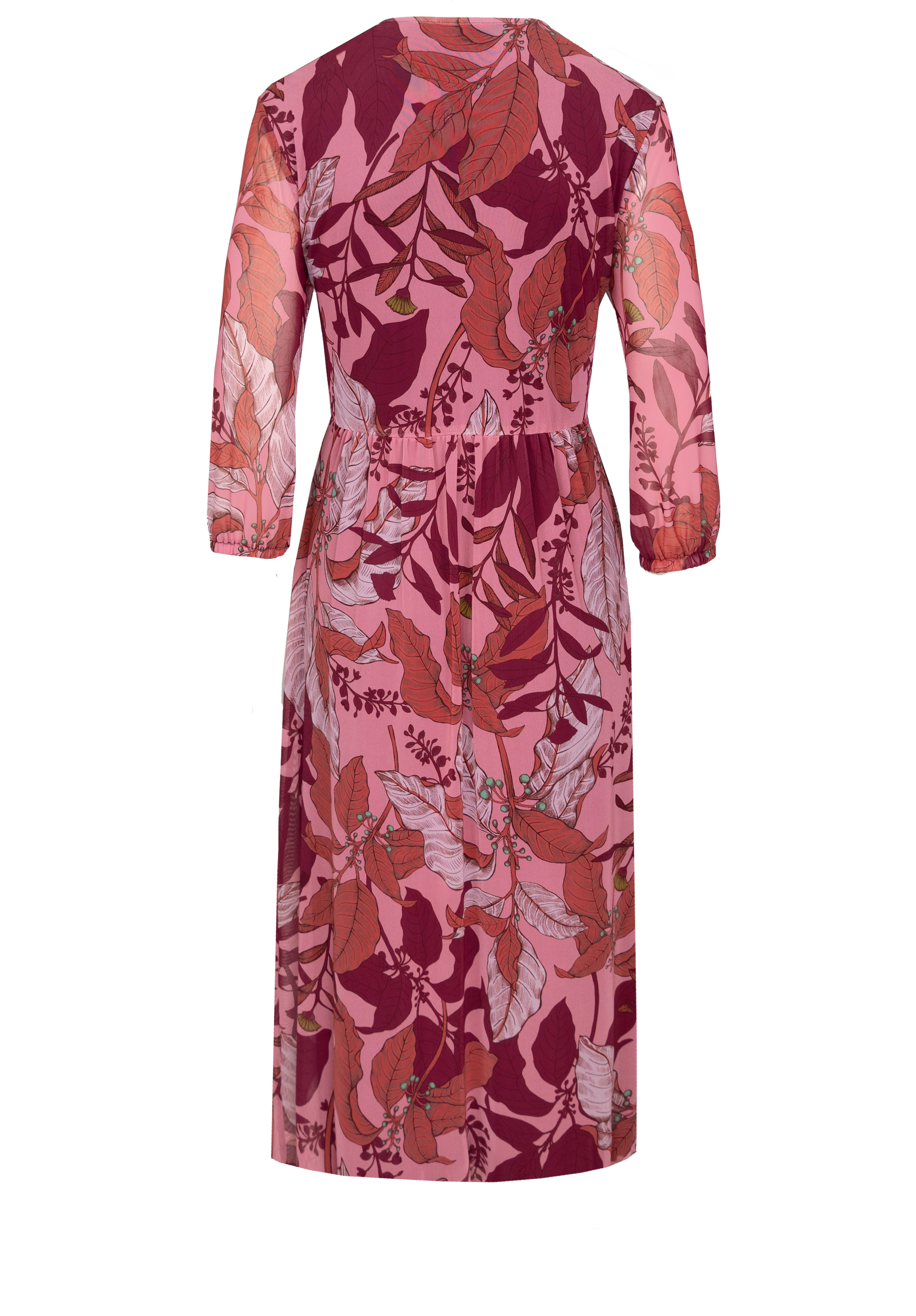 Ein mittellanges Kleid mit Dreiviertelärmeln und einem rosa, burgunderroten und orangefarbenen Blumenmuster. Das Kleid hat eine taillierte Taille und einen fließenden Rock (von hinten abgebildet).