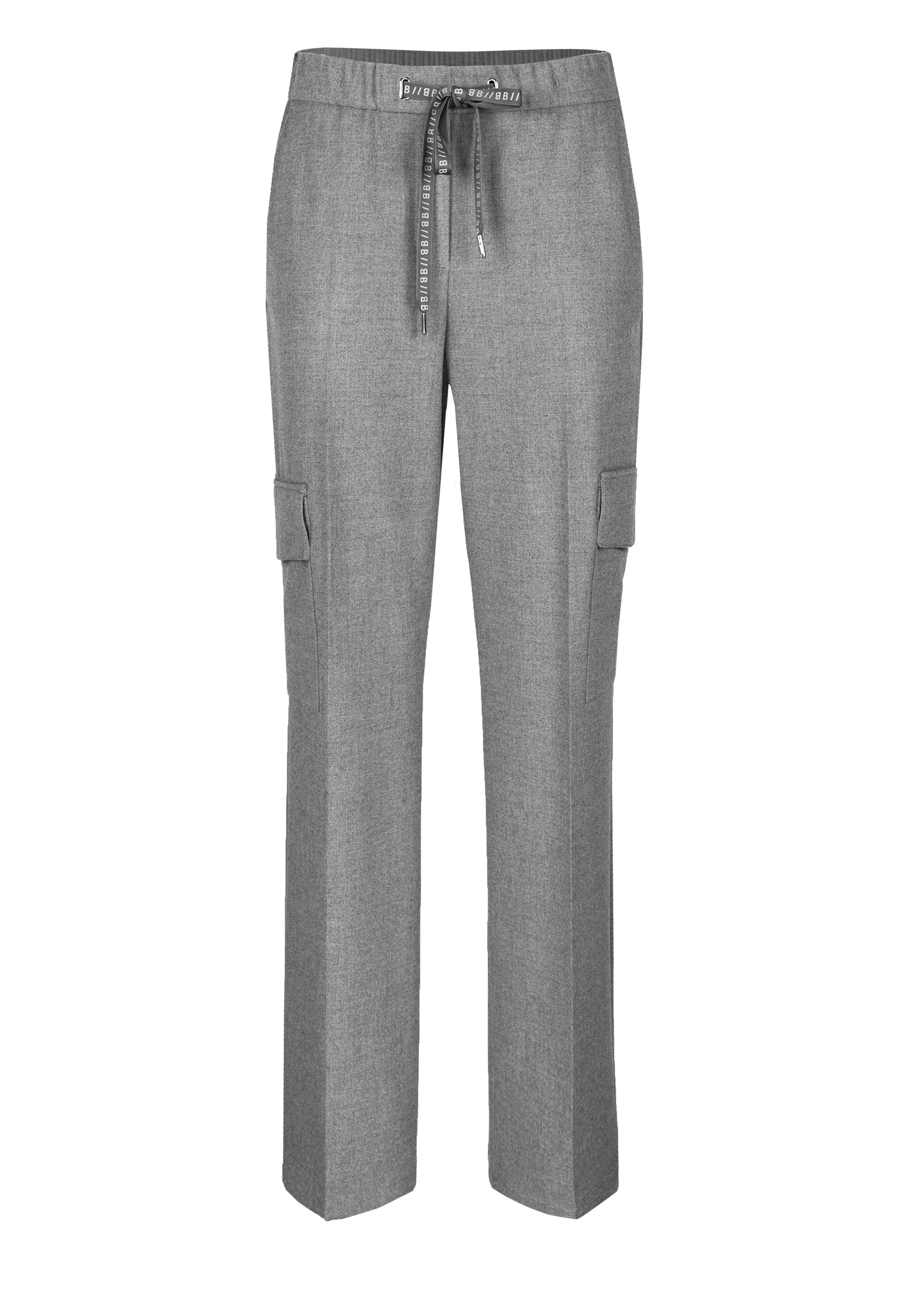 Graue Cargohose mit geradem Bein, Kordelzug in der Taille und Pattentaschen auf beiden Seiten der Oberschenkel, auf weißem Hintergrund.