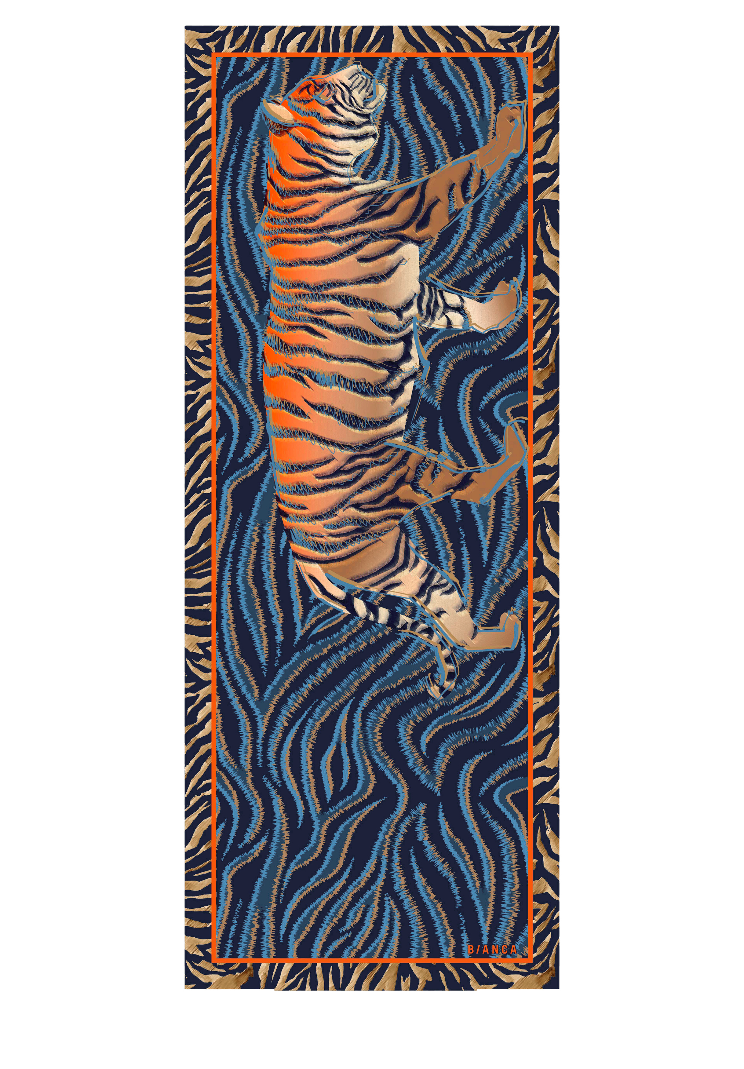 Eine stilisierte Illustration eines auf der Seite liegenden Tigers vor einem gewellten, blau-schwarz gestreiften Hintergrund mit orangefarbenem Rand, der an ein Tigerfell erinnert.