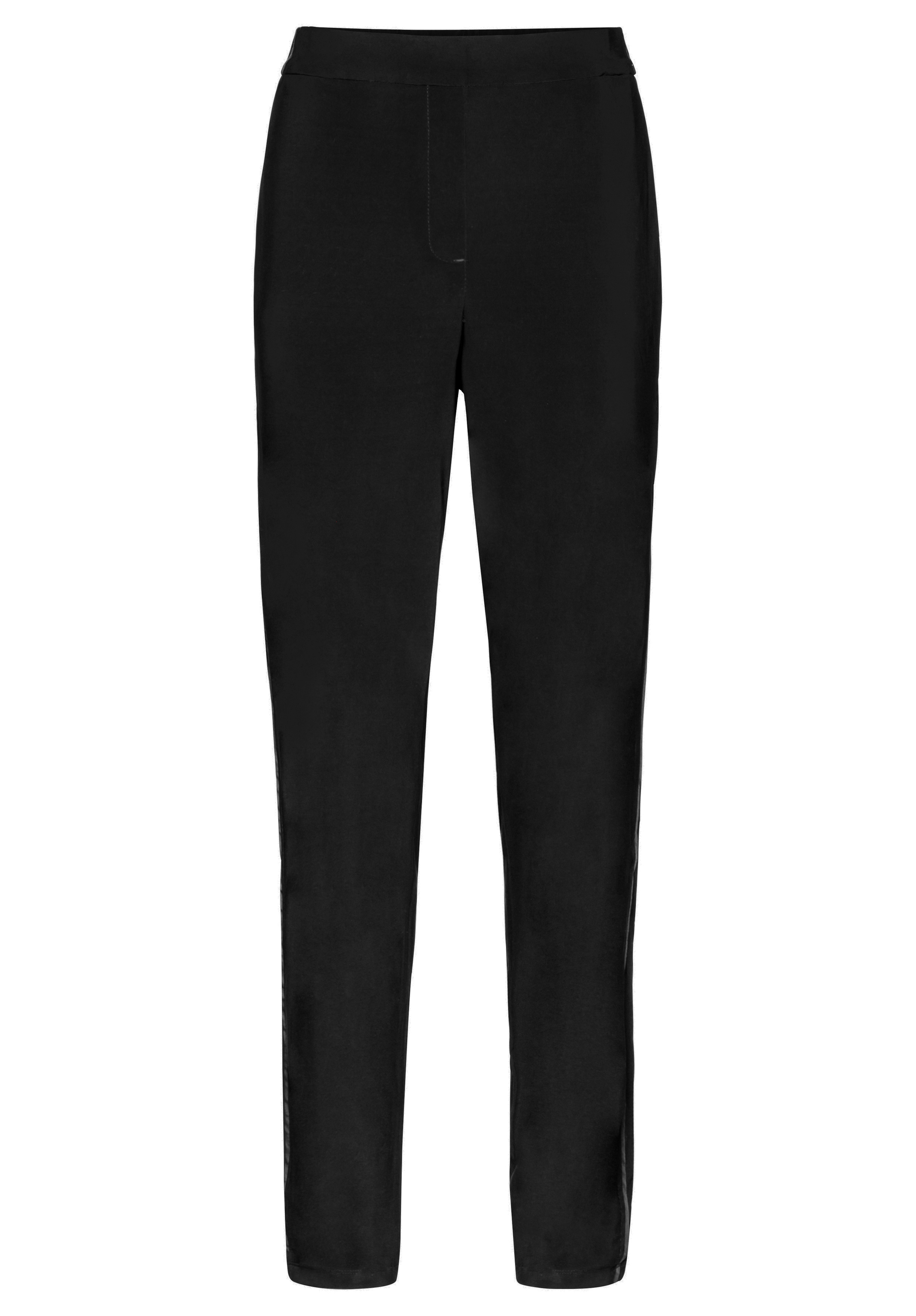 Ein Paar schwarze Hosen mit geradem Bein, die einen eng anliegenden Bund und keine sichtbaren Taschen haben und auf einem weißen Hintergrund abgebildet sind.