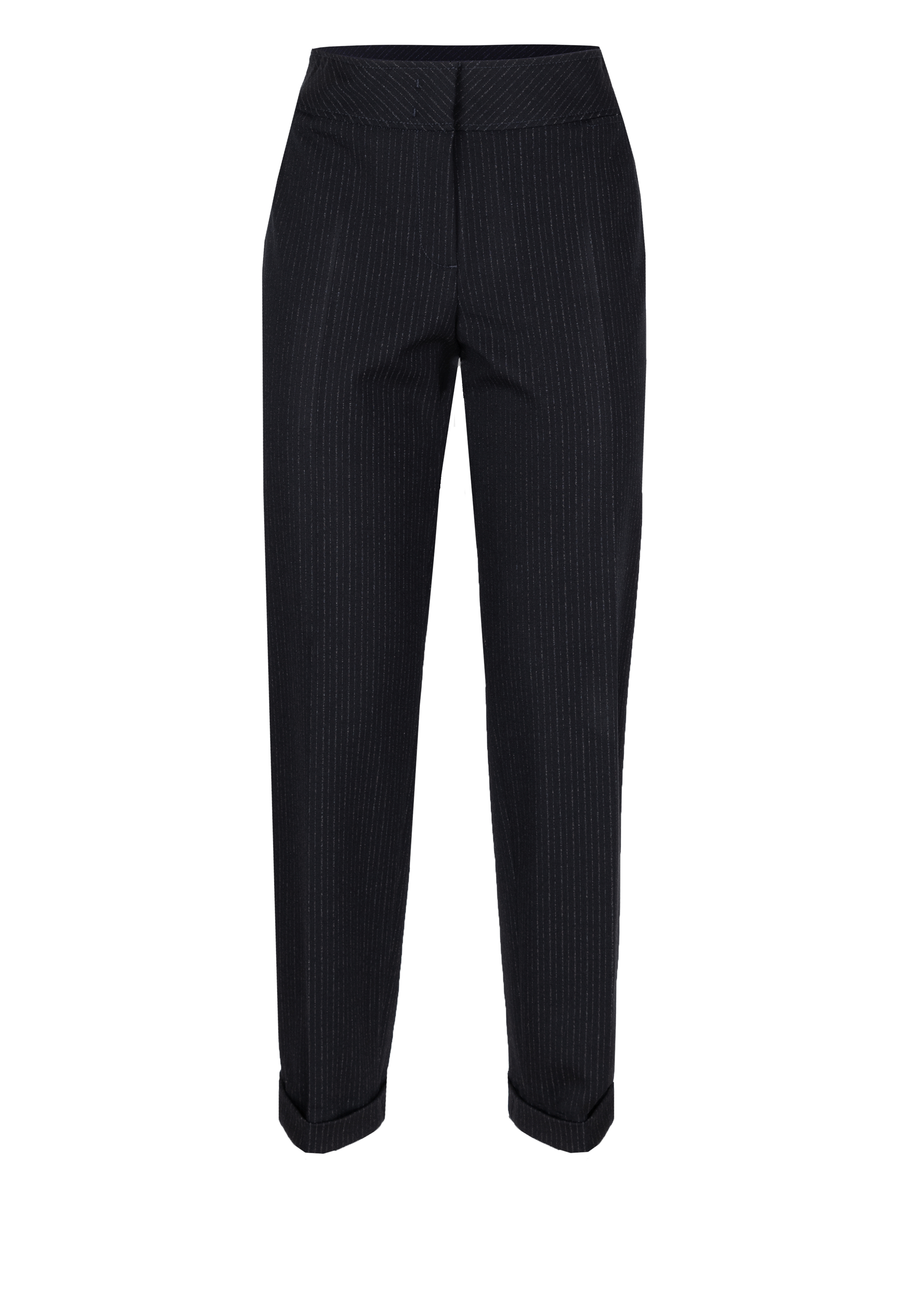 Schwarze, maßgeschneiderte Hose mit dezentem Nadelstreifenmuster, umgeschlagenen Säumen und taillierter Taille auf schlichtem weißem Hintergrund.
