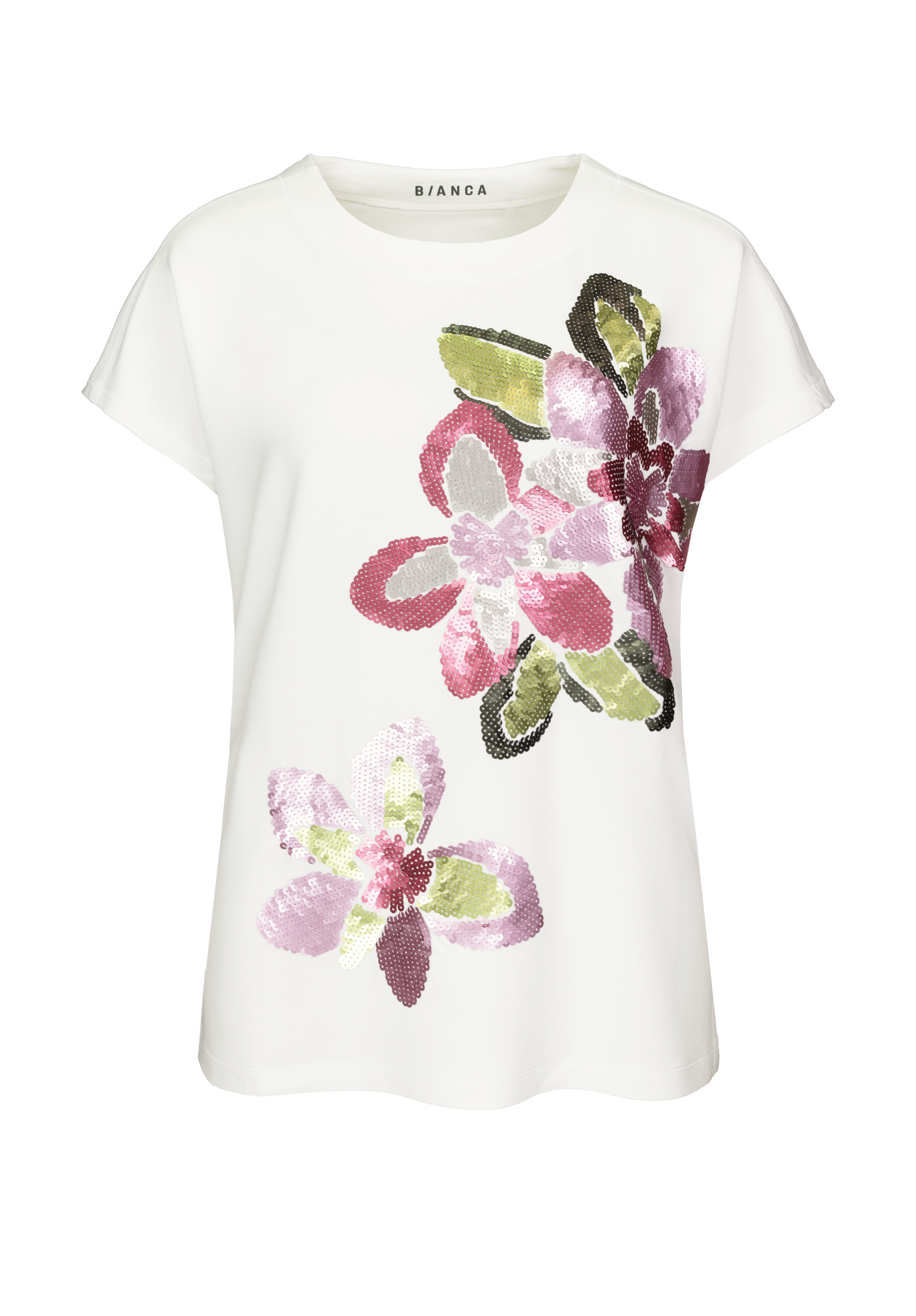 Weißes Kurzarm-T-Shirt mit großen, bunten Pailletten-Blumenmotiven in Pink, Lila, Grün und Schwarz auf der Vorderseite. Am Ausschnitt ist das Label BIANCA sichtbar.