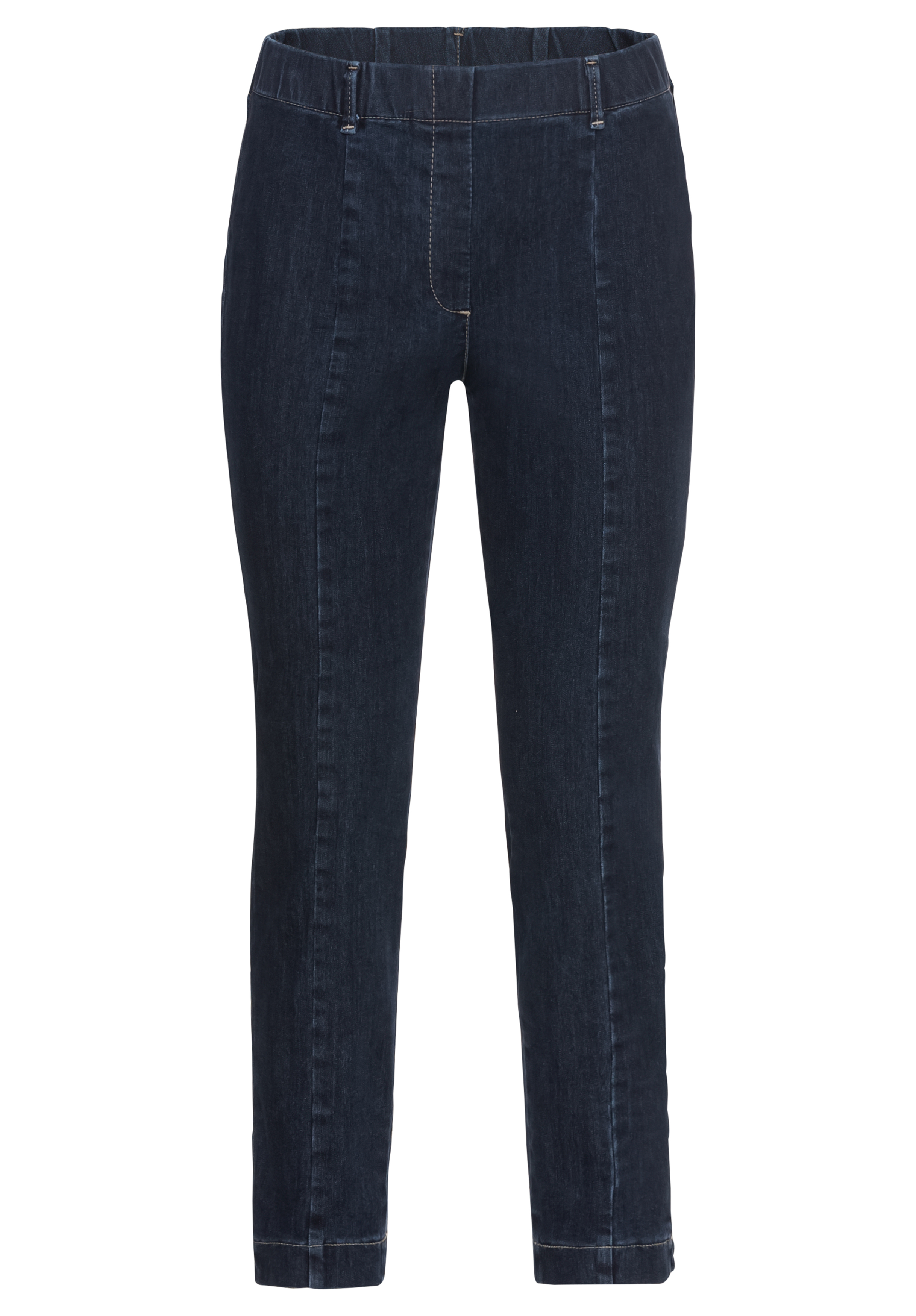 Dunkelblaue Jeans aus Denim mit schmalem, geradem Schnitt, sichtbaren Nähten auf der Vorderseite, elastischem Bund und ohne sichtbare Taschen. Die Jeans wird vor einem weißen Hintergrund präsentiert.
