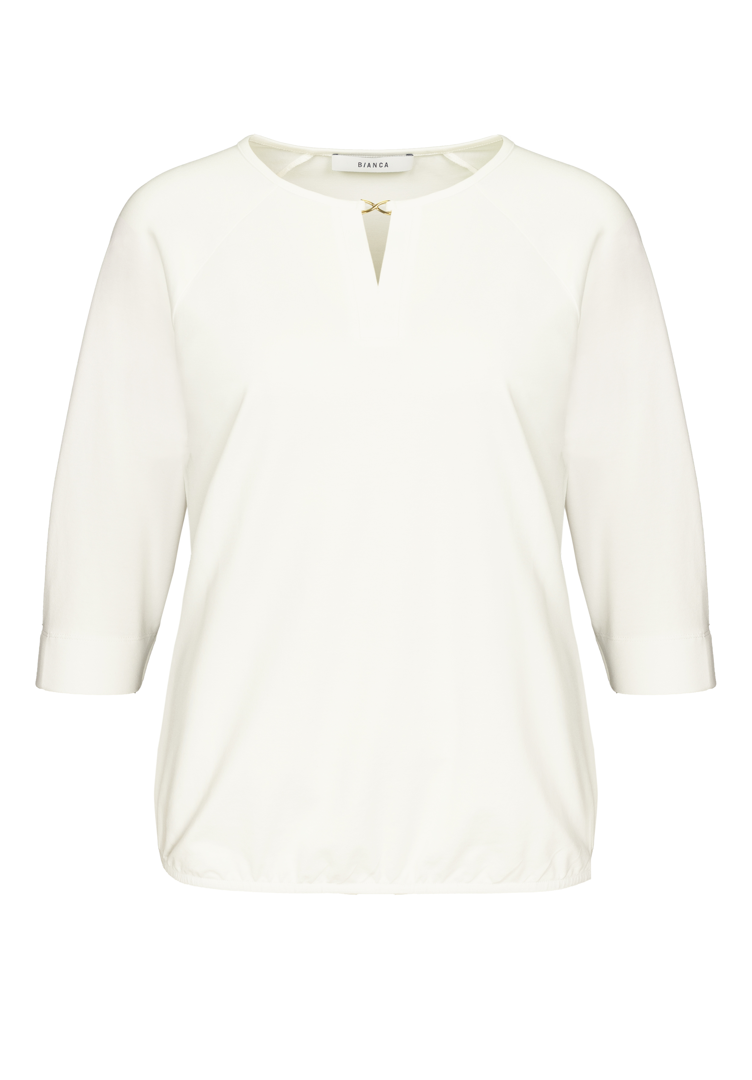 Weiße Bluse mit dreiviertel Ärmeln, rundem Halsausschnitt, kleinem V-Ausschnitt vorne und lockerer Passform. Die Bluse ist schlicht und ohne Muster oder Verzierungen.