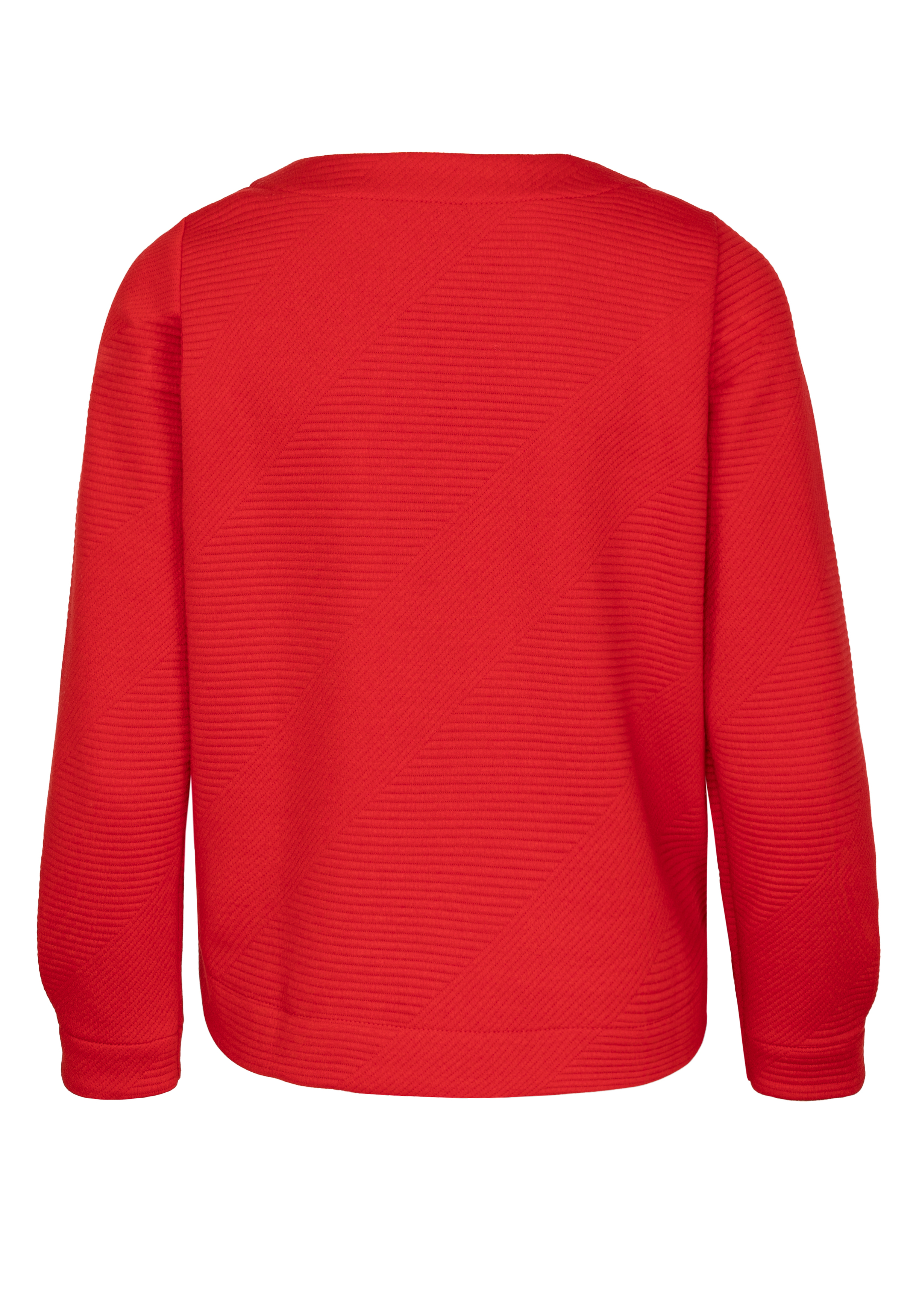 Abgebildet ist ein schlichter, langärmeliger roter Pullover von hinten mit Rundhalsausschnitt und dezent strukturiertem Stoffmuster.