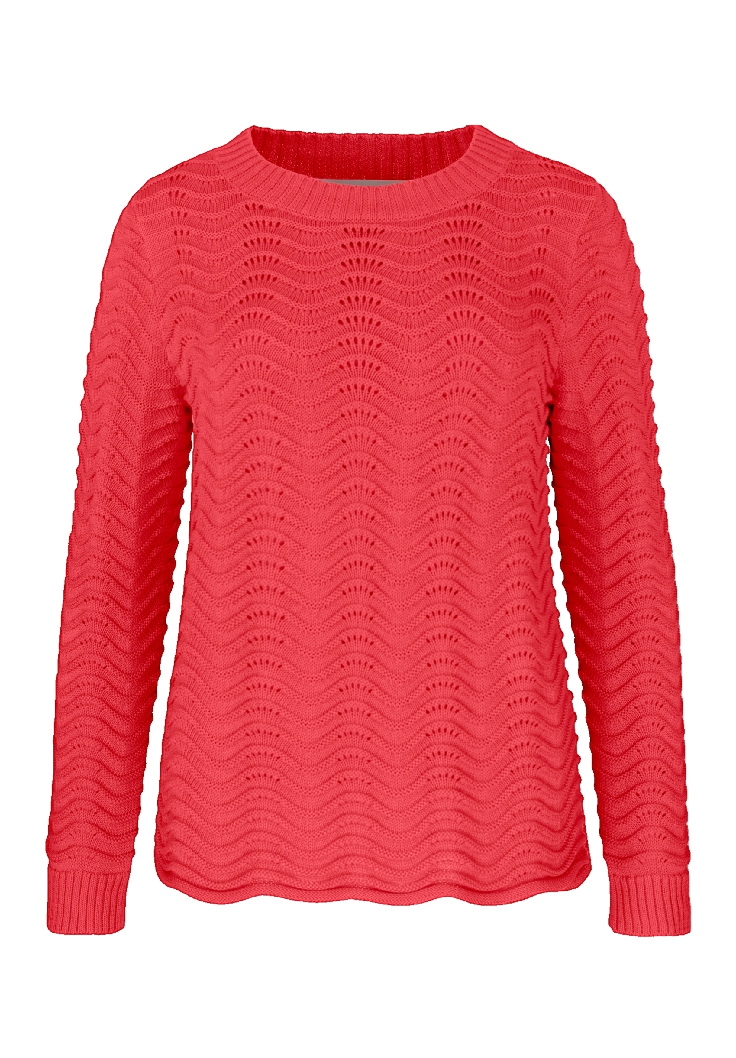 Ein langärmeliger, leuchtend roter Strickpullover mit wellenförmigem Strukturmuster. Saum, Bündchen und Kragen sind gerippt, und der Pullover hat eine lockere Passform.