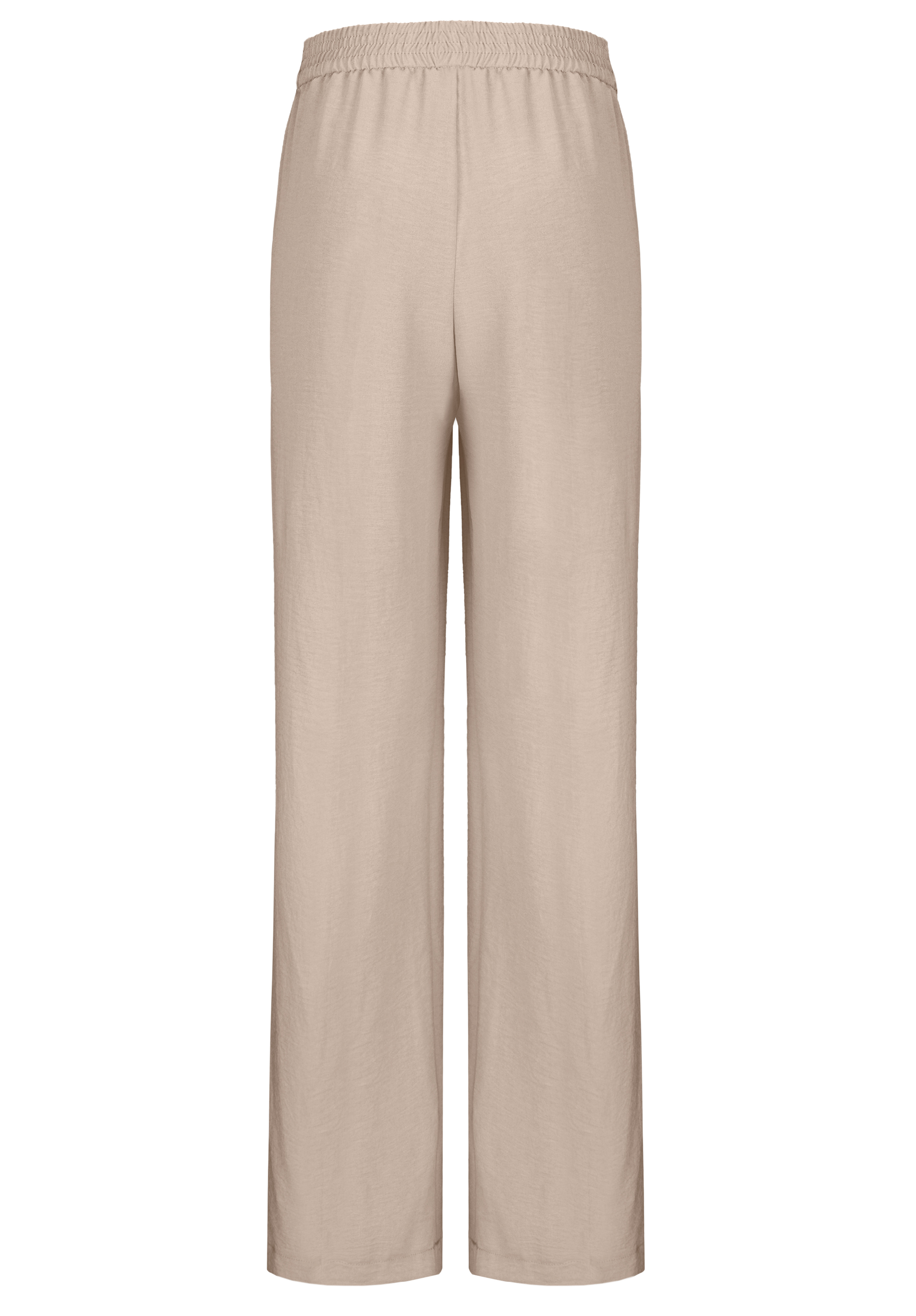 Beigefarbene Hose mit geradem Bein und elastischem Bund, von hinten gesehen auf weißem Grund.