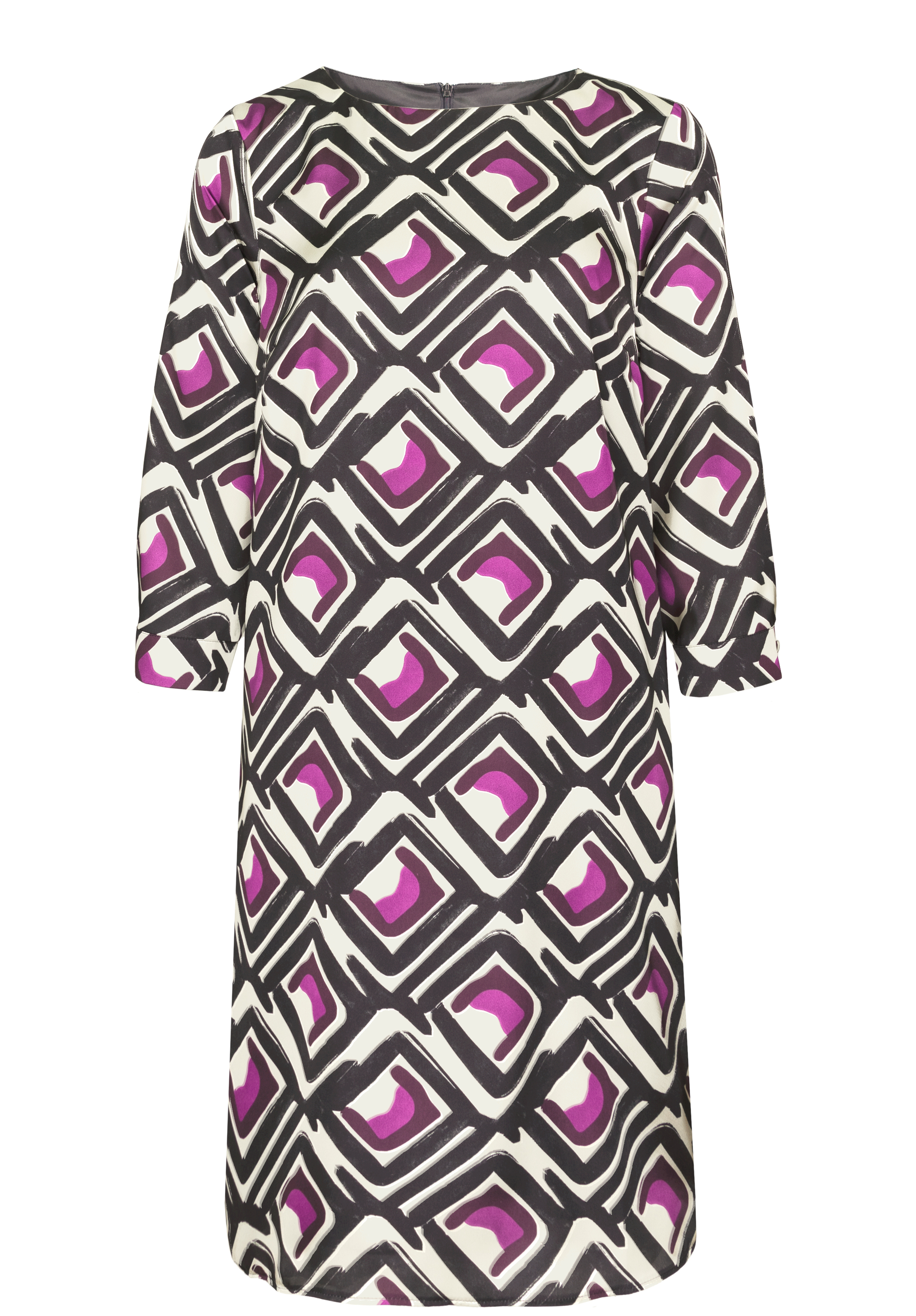 Ein knielanges Kleid mit Dreiviertelärmeln und einem auffälligen geometrischen Muster in den Farben Schwarz, Weiß und Lila.