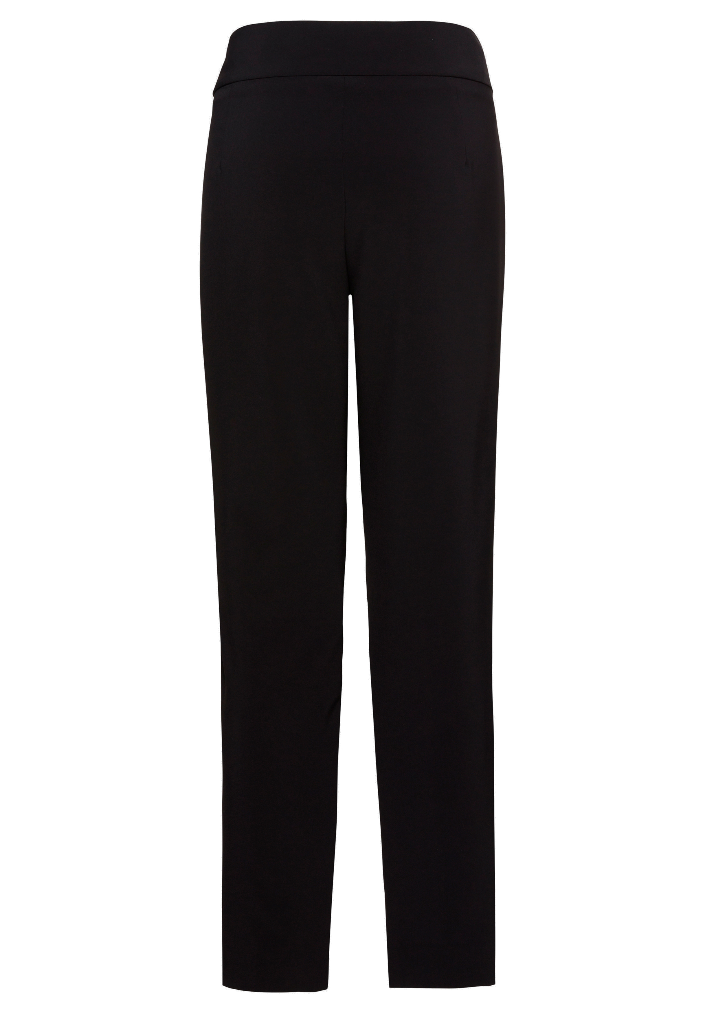 Schwarze Damenhose mit geradem Bein und breitem, glattem Bund, abgebildet auf weißem Hintergrund.
