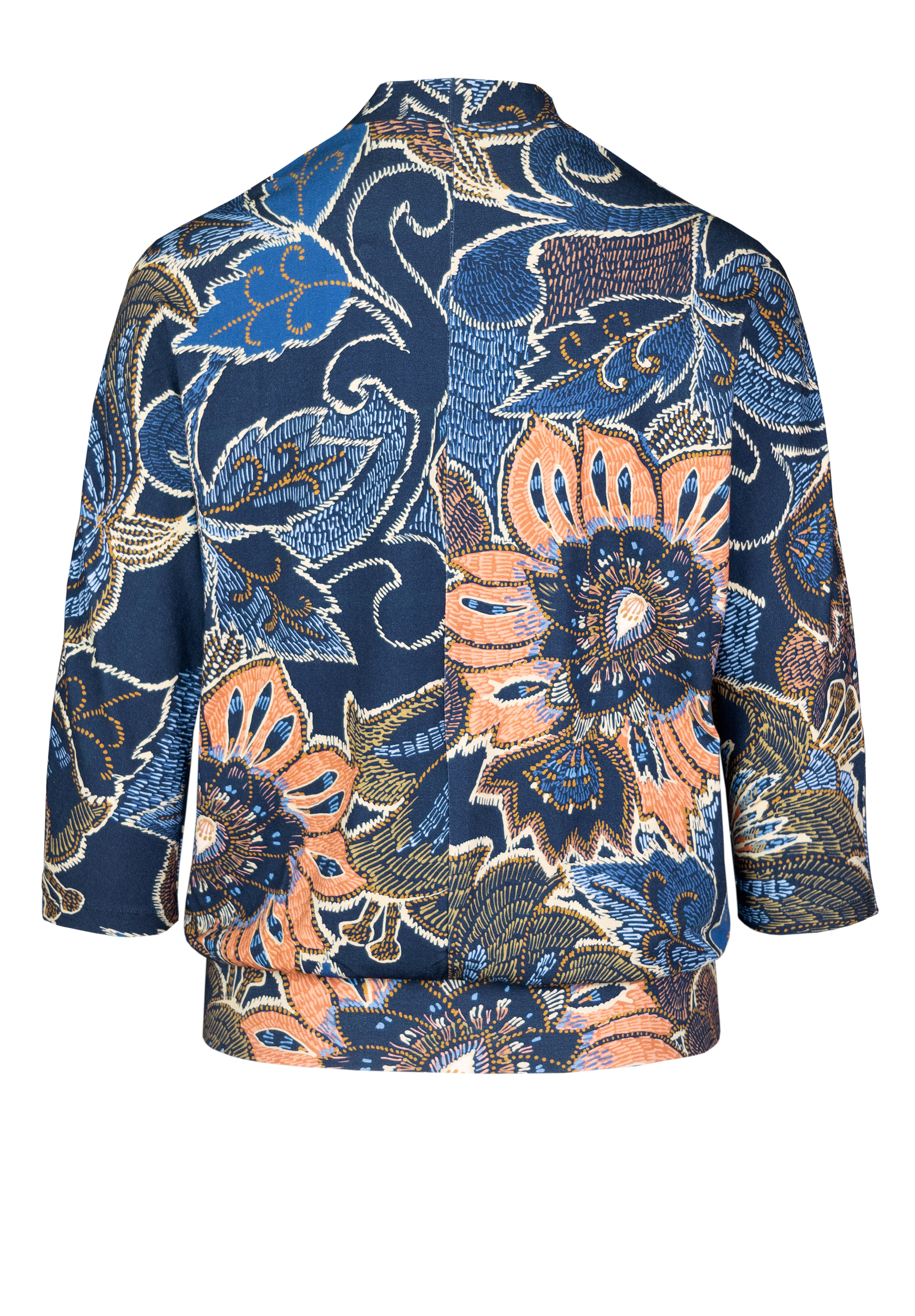 Rückenansicht einer Jacke mit einem auffälligen Blumenmuster in Blau-, Orange-, Hellbraun- und Weißtönen mit großen Blüten und Blättern auf dunklem Grund. Die Jacke hat Dreiviertel-Ärmel.