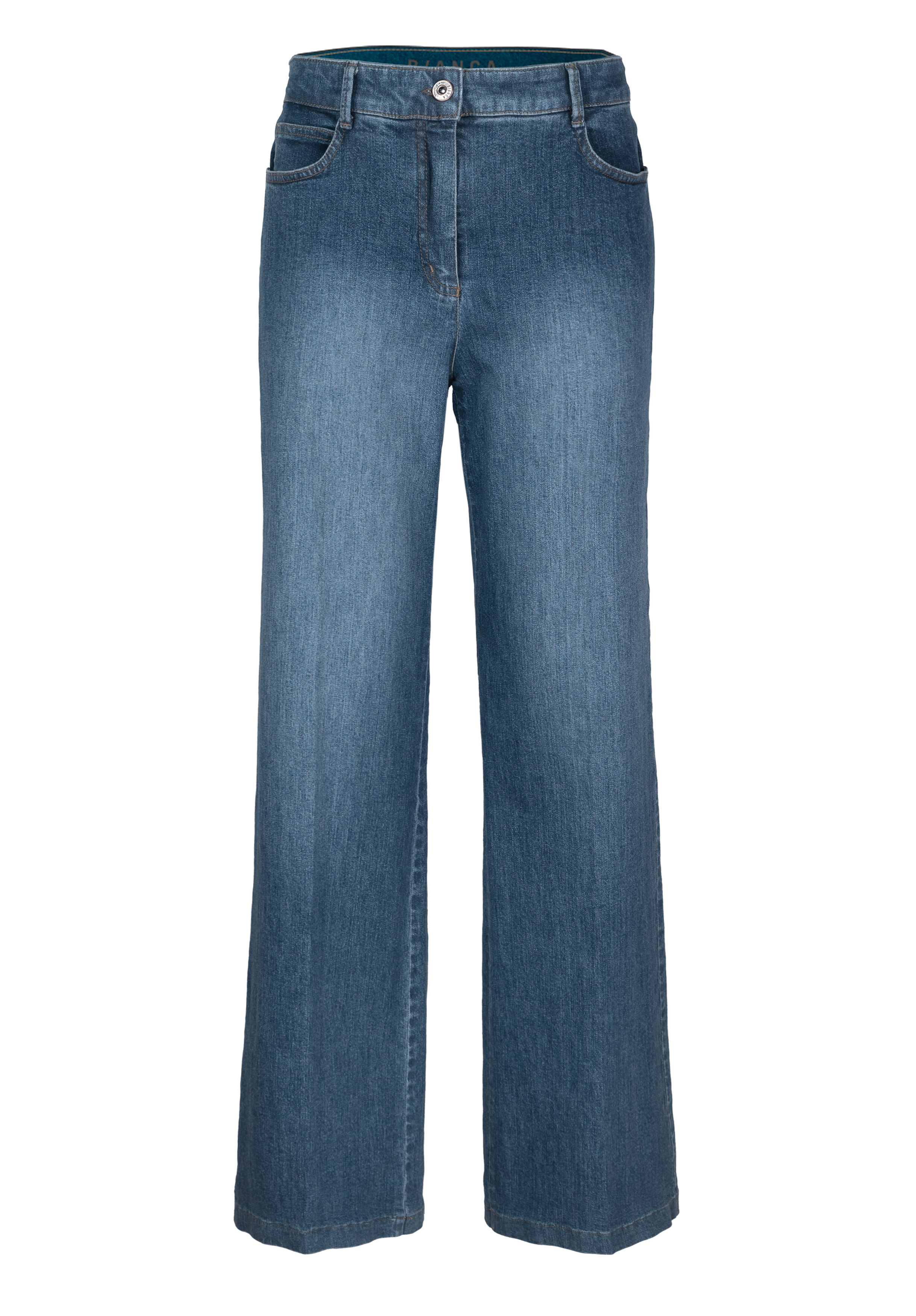 Blaue Jeans mit hoher Taille und weitem Bein, mit Taschen vorne und hinten, einem Reißverschluss vorne und einem Knopfverschluss. Die Jeans hat eine klassische Denim-Textur und keine sichtbaren Risse oder Verzierungen.