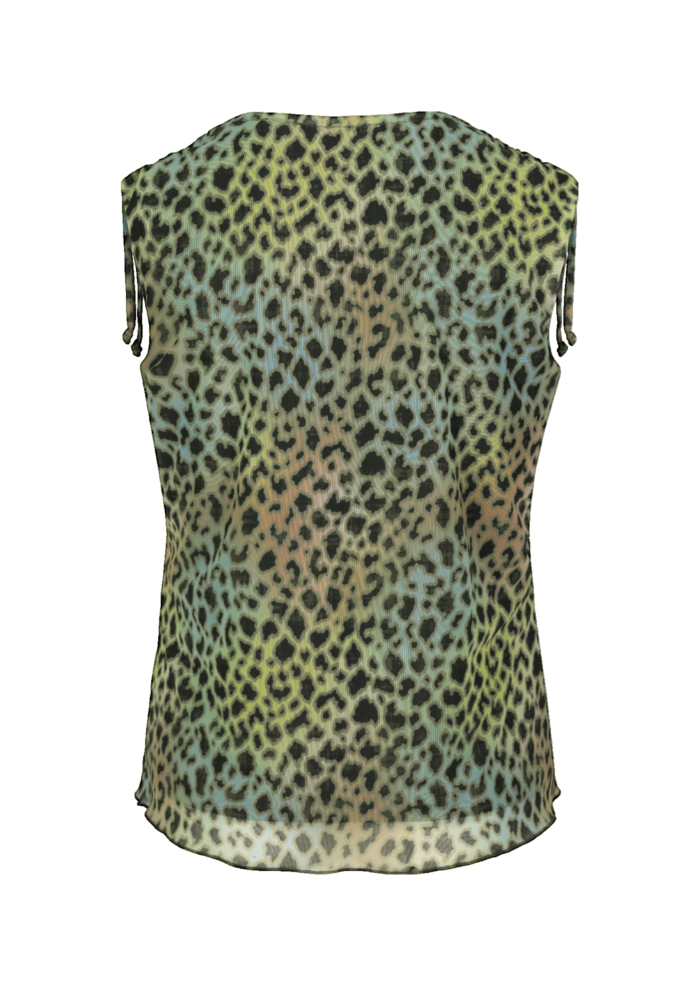 Ärmelloses Top mit Leopardenmuster in Grün-, Gelb- und Schwarztönen. Der Stoff wirkt leicht und leicht transparent, und das Top ist von hinten sichtbar.