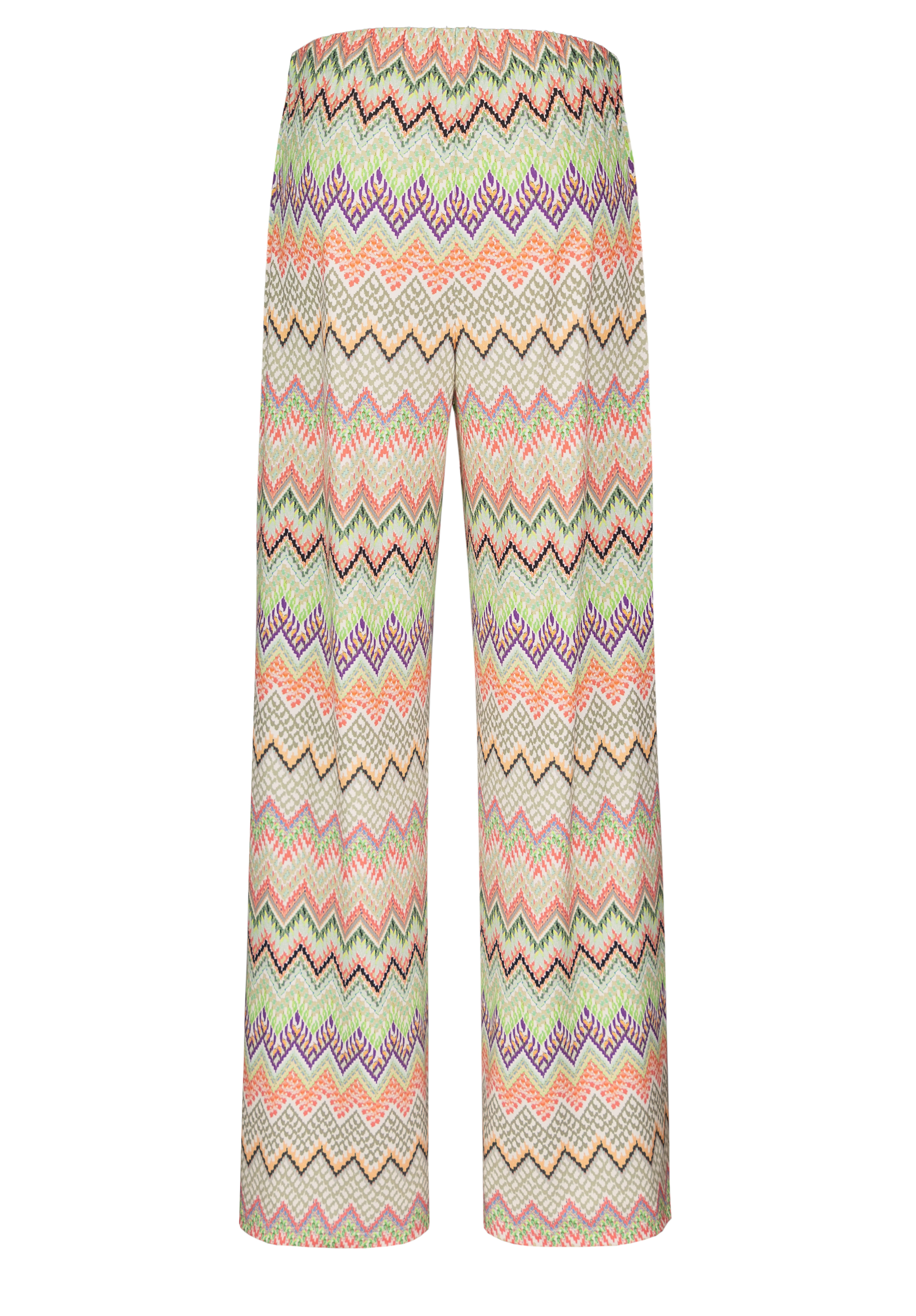 Weite Hose mit buntem Zickzackmuster in Rosa-, Grün-, Orange-, Lila- und Beigetönen auf schlichtem weißem Hintergrund.