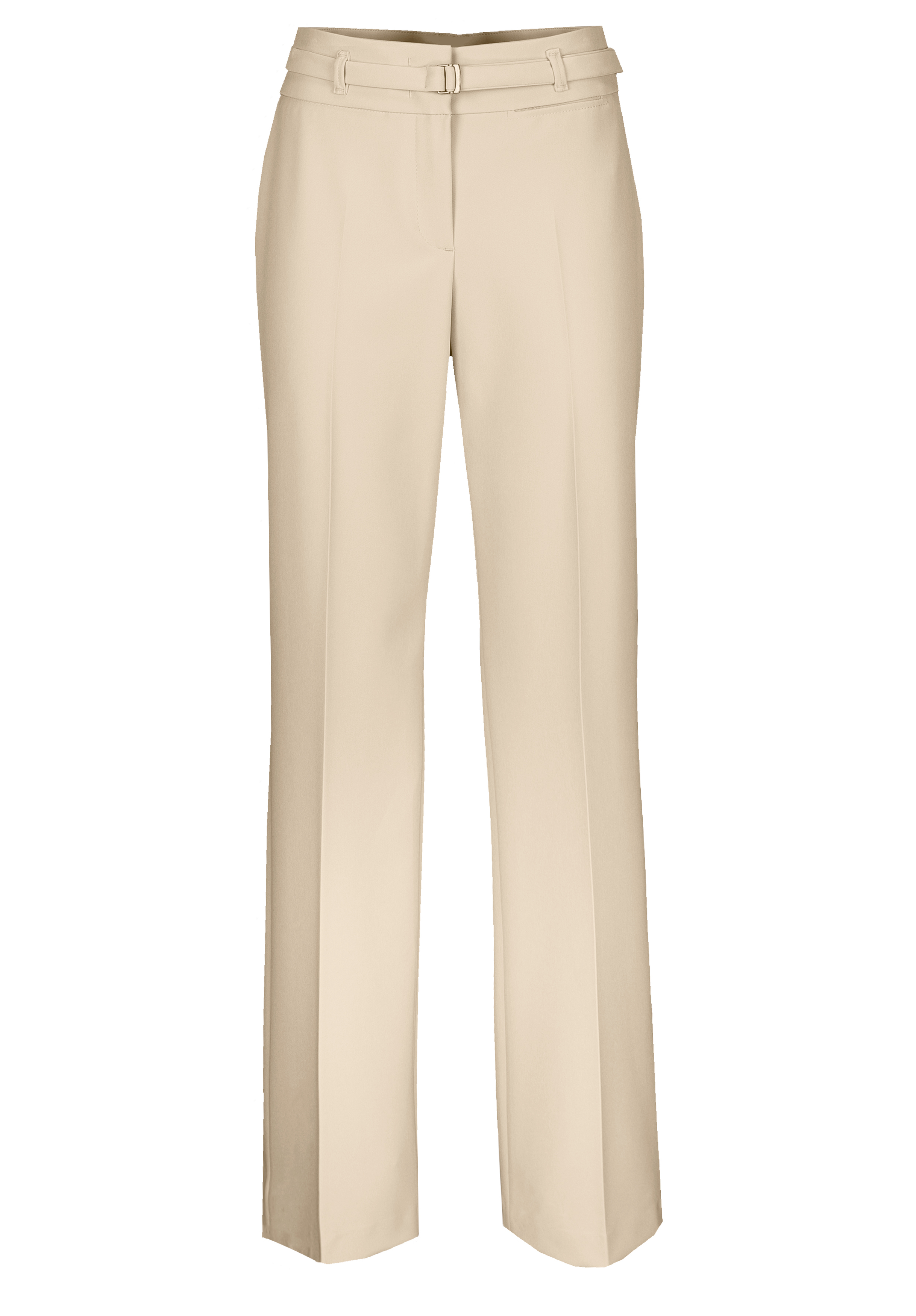 Beige Anzughose mit geradem Beinschnitt, Bügelfalten vorne, Gürtelschlaufen und einem passenden schmalen Gürtel in der Taille.
