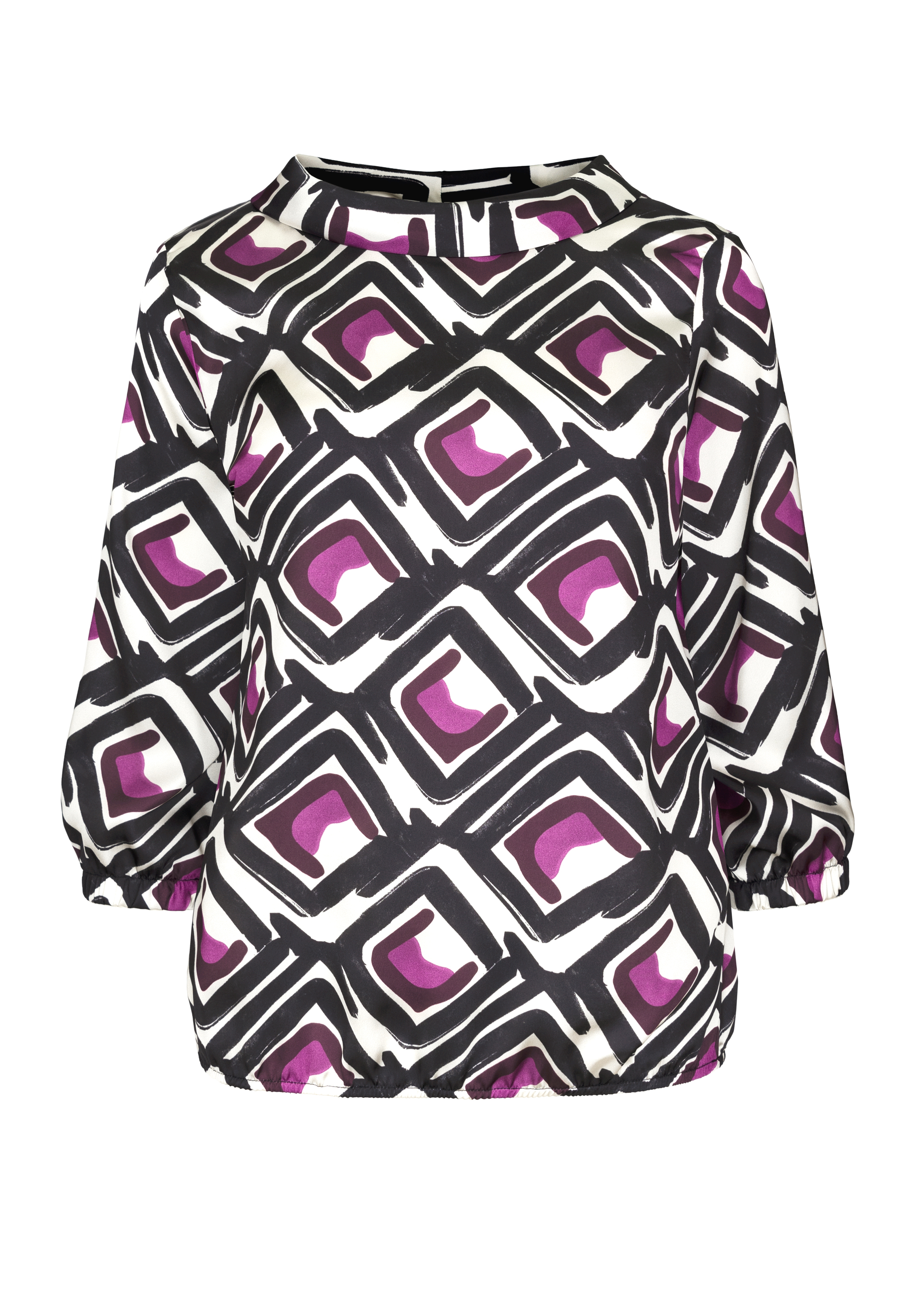 Eine langärmelige Damenbluse mit geometrischem Muster in Schwarz, Weiß und Lila. Die Bluse hat einen runden Ausschnitt, elastische Bündchen und eine leicht lockere Passform.