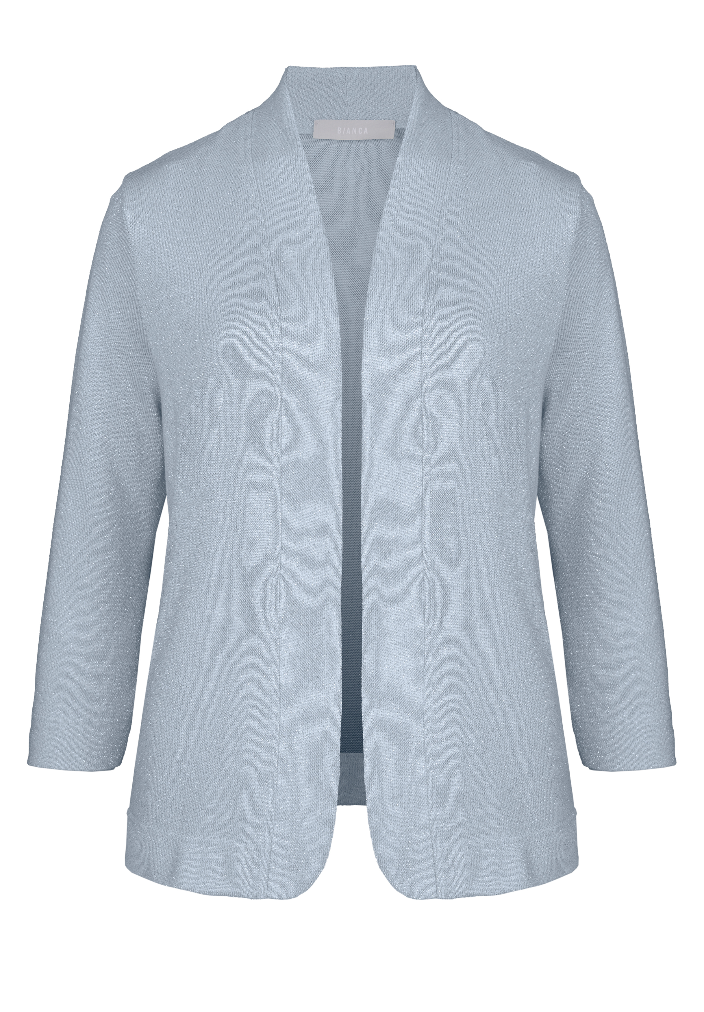 Hellblaue, langärmelige Strickjacke mit offener Vorderseite und geradem Saum ohne sichtbare Knöpfe oder Verschlüsse, auf schlichtem weißem Hintergrund.