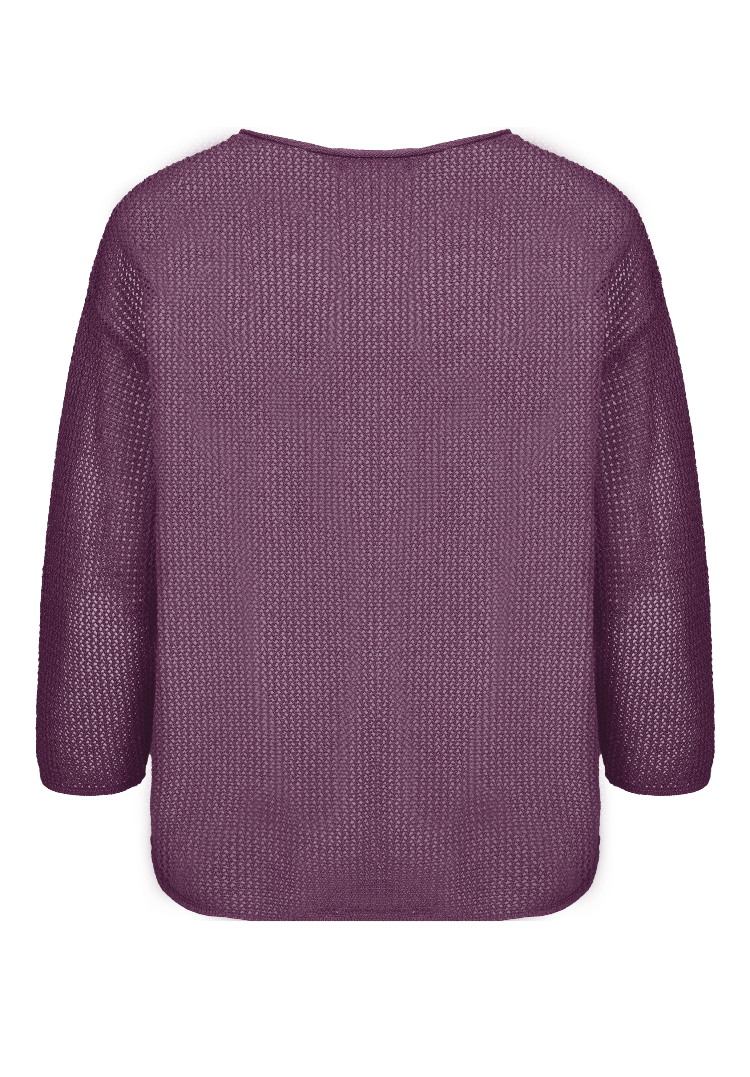 Rückenansicht eines violetten, locker gestrickten, langärmeligen Pullovers mit lockerer Passform und Rundhalsausschnitt.
