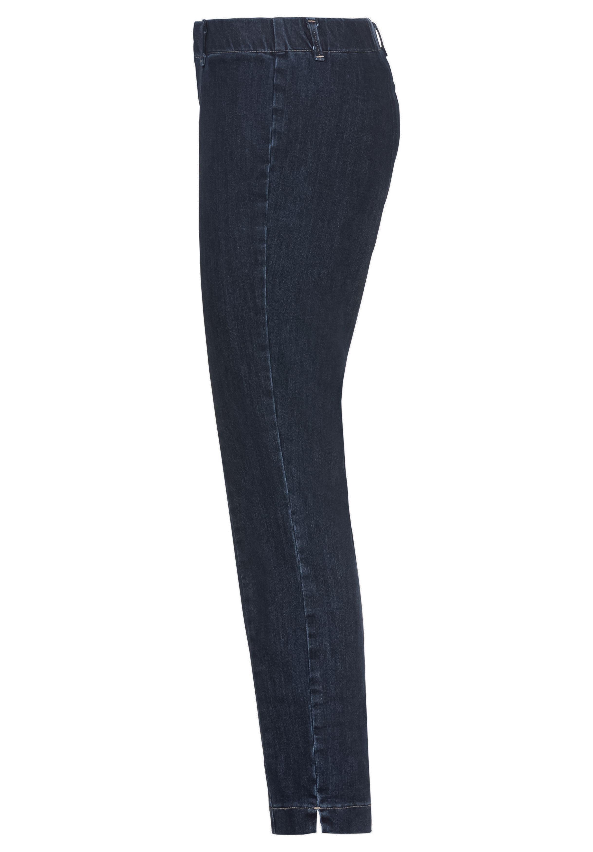 Seitenansicht einer dunkelblauen Skinny-Jeans mit hoher Taille und ohne sichtbare Logos oder Muster, vor weißem Hintergrund.