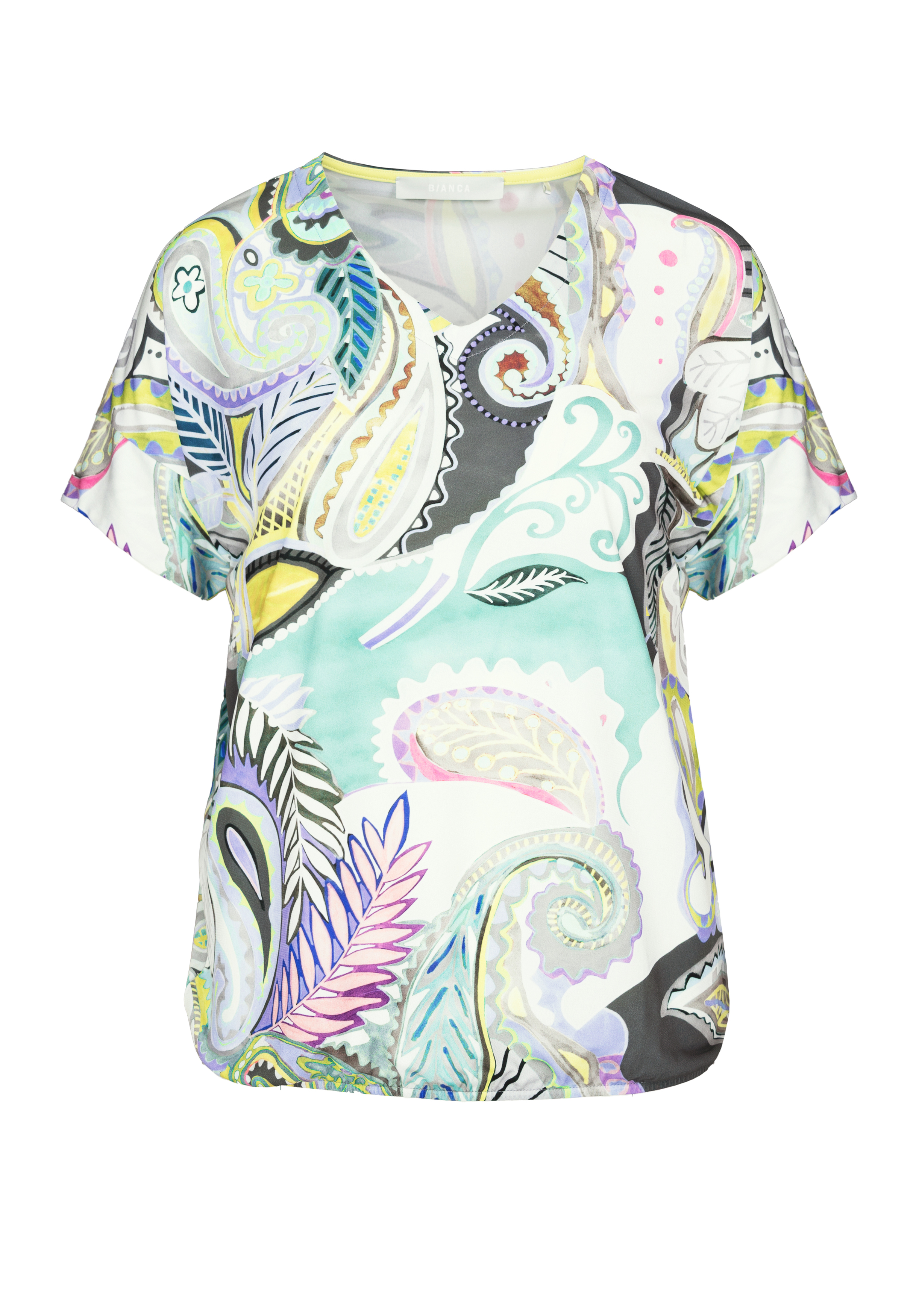 Kurzarmbluse mit farbenfrohem Paisley-Print in Blaugrün, Lila, Gelb und Schwarz auf weißem Grund. Das Oberteil hat einen V-Ausschnitt und eine lockere, entspannte Passform.
