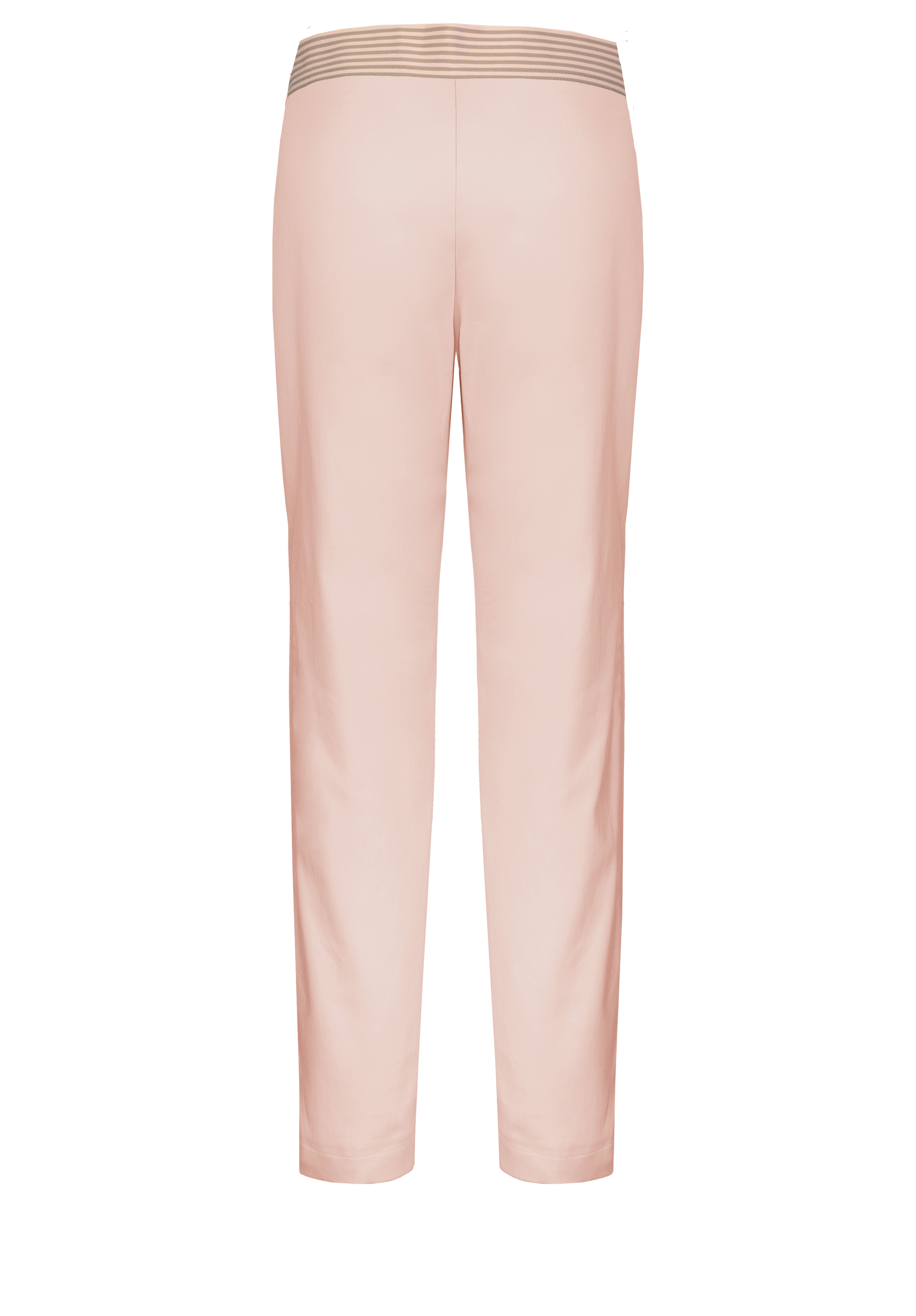 Hellrosa Hose von hinten, mit geradem Beinschnitt und einem Bund mit horizontalen beige-weißen Streifen. Der Hintergrund ist schlicht weiß.