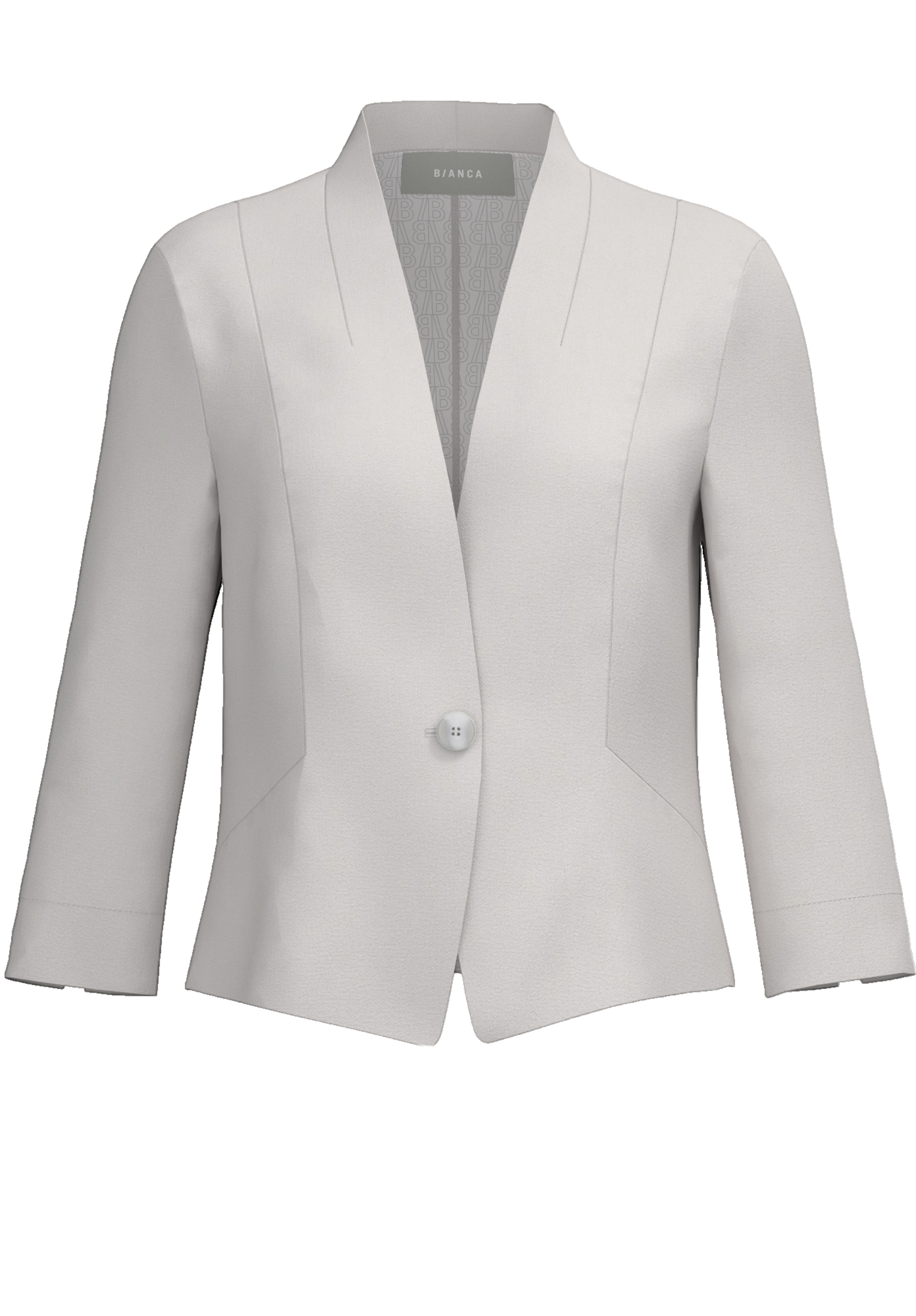 Ein hellgrauer, taillierter Damenblazer mit einem Knopfverschluss, Dreiviertelärmeln und V-Ausschnitt. Der Blazer hat ein strukturiertes, modernes Design und ist auf schlichtem weißem Hintergrund dargestellt.